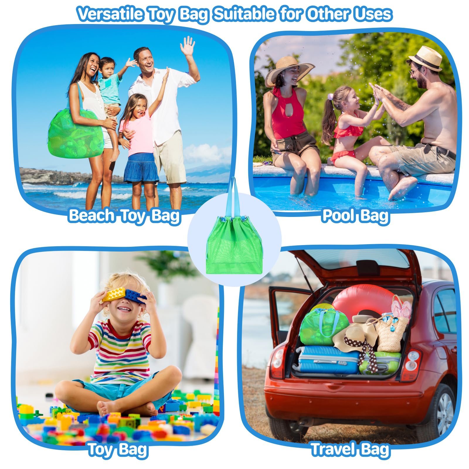 Extra Large Mesh Beach Toy Bag With Drawstring - Lightweight Sand Toy Storage Tote for Kids, Travel Essentials Organizer for Pool, Park & Vacation - Neon Green