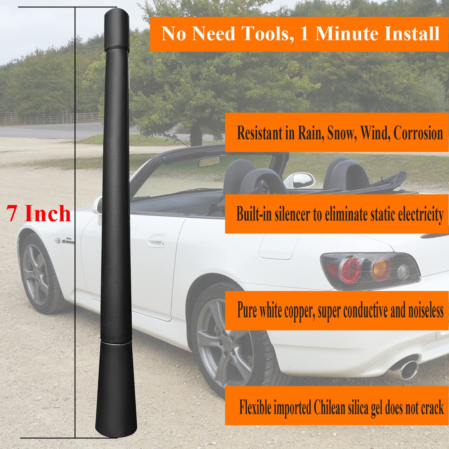 Honda S2000 Antenna Mast Replacement (2000-2009) - Flexible Rubber Car Antenna for Improved Radio Reception - Perfect for Honda S2000 Roadsters & Convertibles