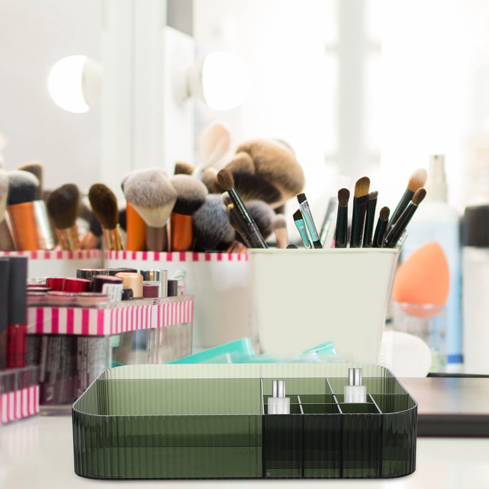Green Makeup Organizer & Cosmetic Display Case - Multi-Grid Desktop Jewelry Box with Brush & Lipstick Holder for Dresser or Vanity | Perfect for Skin Care Storage & Beauty Accessories Organization