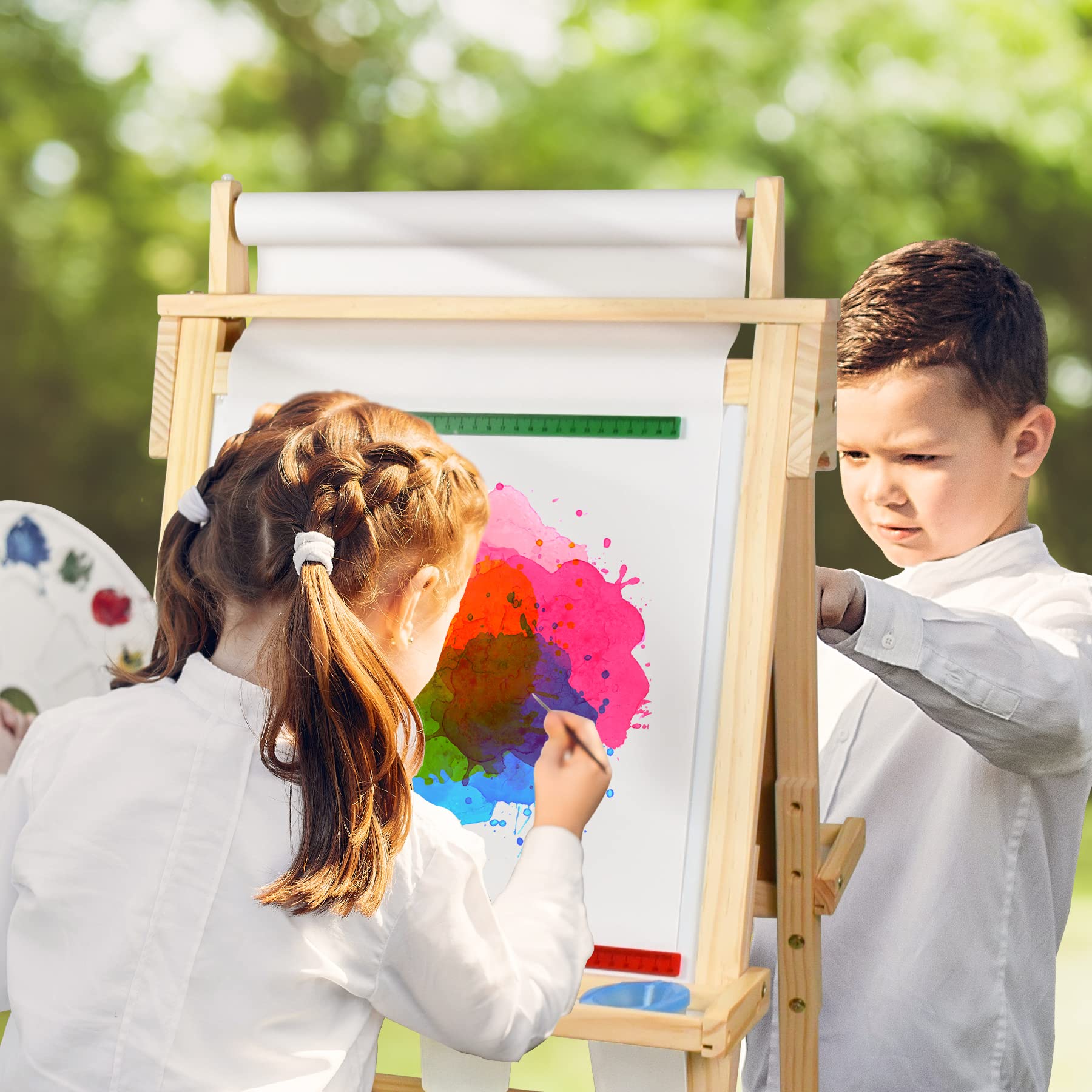 Joyooss Adjustable Wooden Art Easel for Kids - Double-Sided Magnetic Whiteboard & Chalkboard with Paper Roll - Height Adjustable Standing Easel with Bonus Art Supplies - Perfect for Home, Classroom & Creative Play
