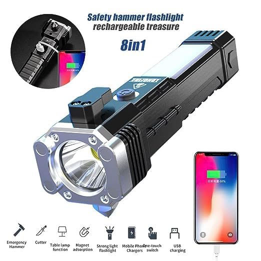 GIROUD Rechargeable LED Flashlight with Long-Distance Beam, Power Bank, Hammer & Magnets - 4 Modes for Car, Camping, Hiking & Emergency Use (Includes Window Glass & Seat Belt Cutter)
