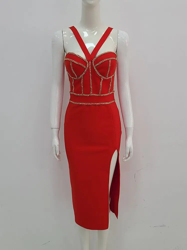 Ailigou Women's Red Sleeveless V-Neck Bandage Bodycon Midi Dress - Sexy Tight Club Party Dress for Night Out, Date Night & Special Occasions