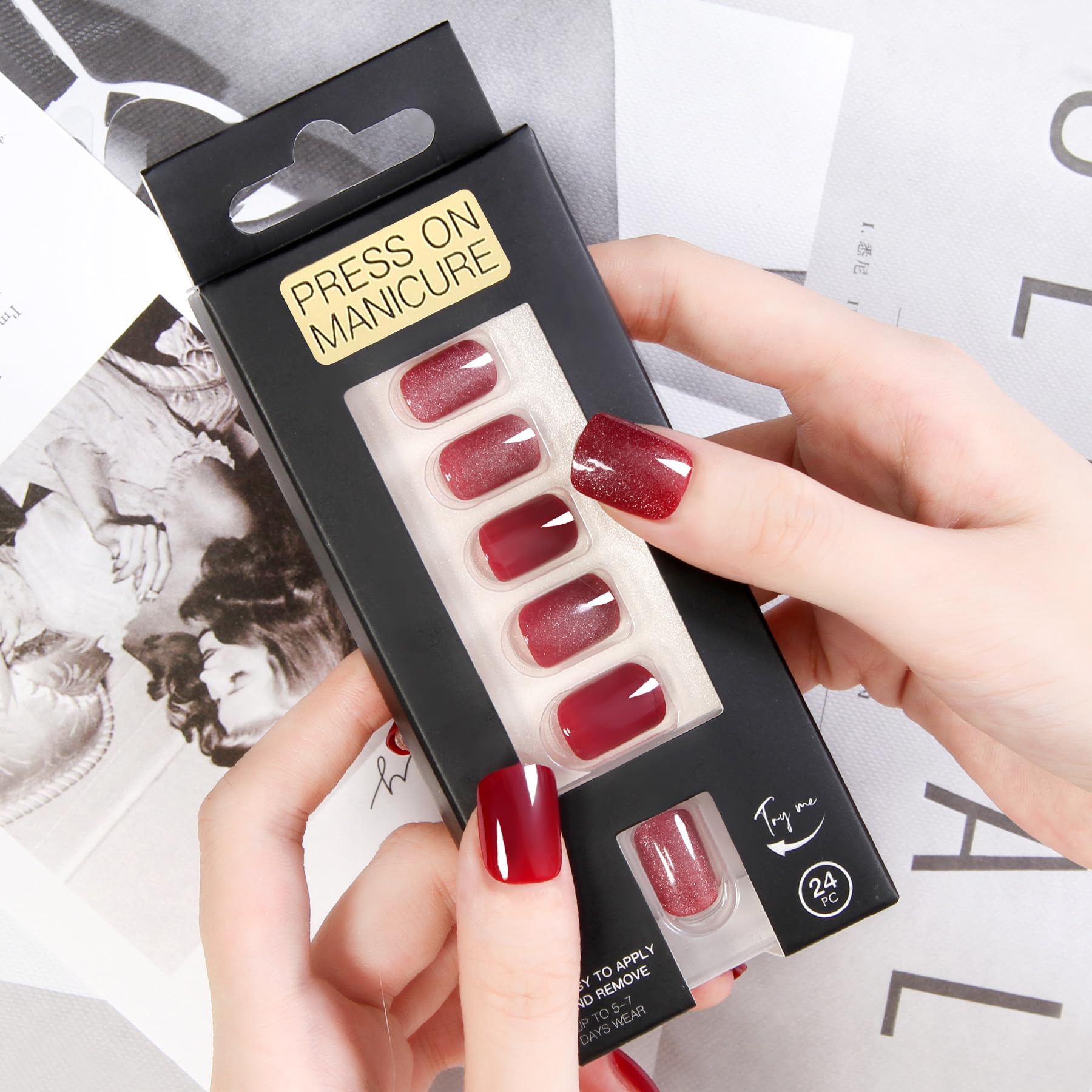 Short Square Press On Nails - 24Pcs Red Cat Eye Glossy Acrylic Fake Nails with Adhesive Tabs | Reusable & Trimmable Artificial Nails for Women & Girls | Perfect for Festivals, Parties & Daily Wear