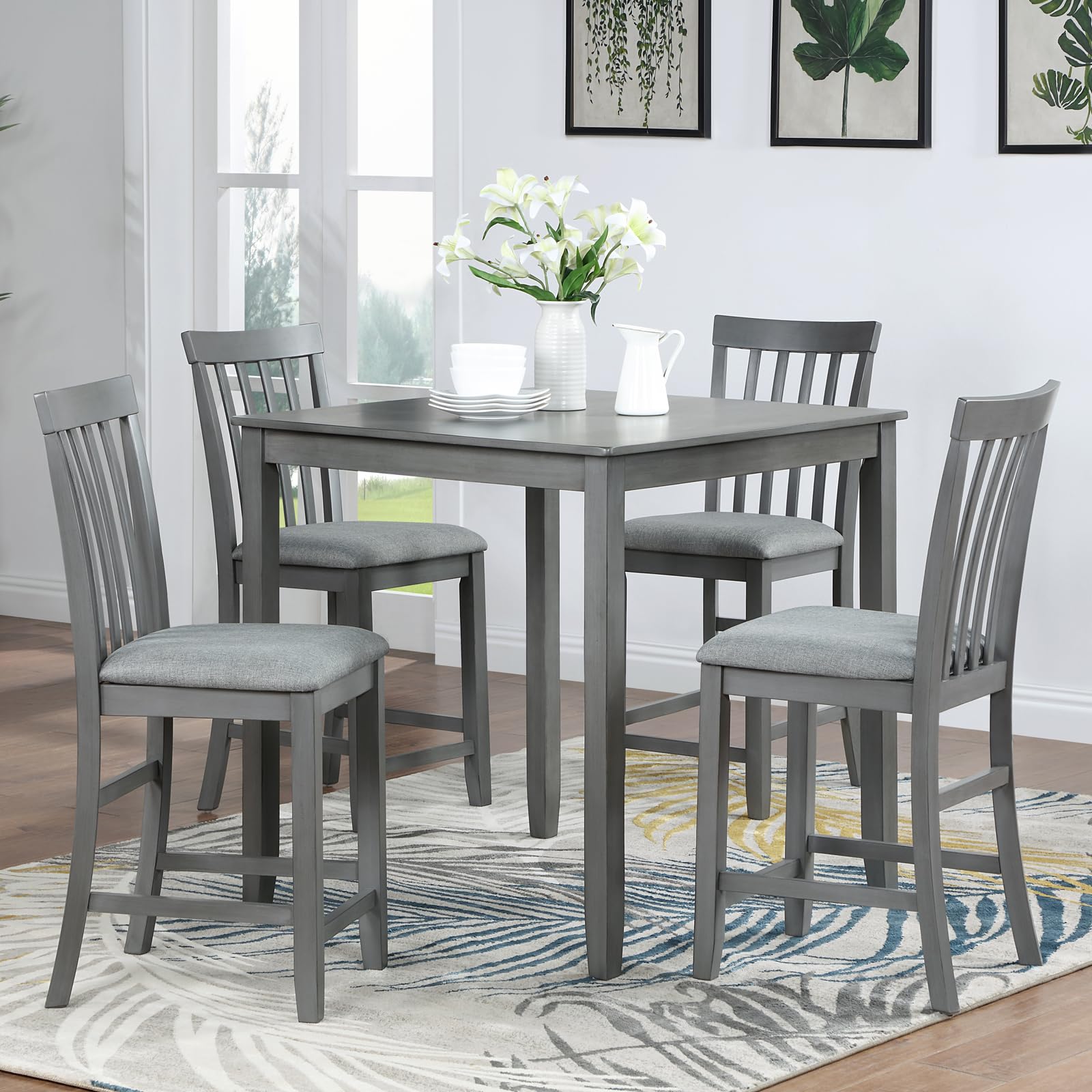 Harper & Bright Designs 5-Piece Counter Height Dining Set - Square Wooden Table & 4 Linen Upholstered Chairs - Space Saving Kitchen Table Set for Small Spaces in Gray - Perfect for Breakfast Nooks, Apartments & Cozy Dining Areas