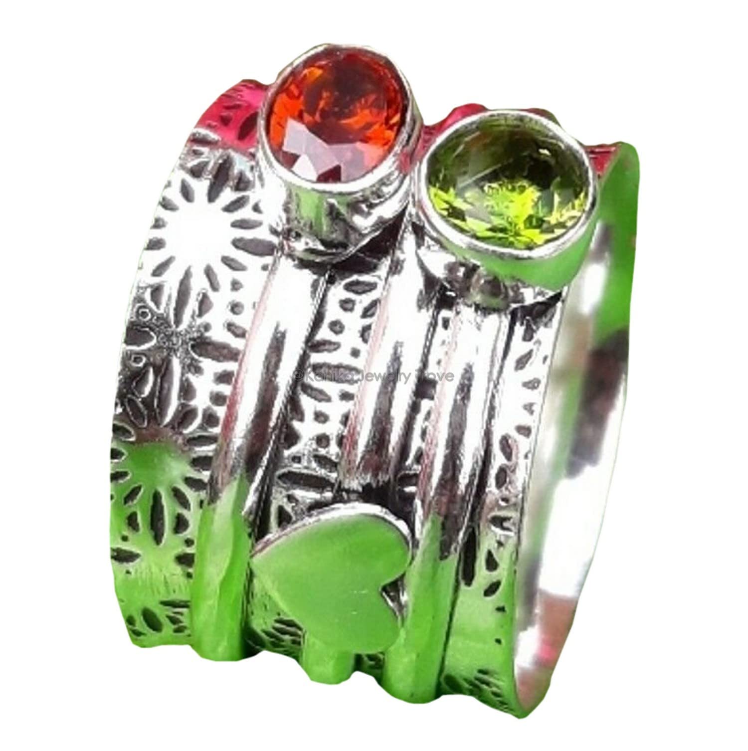 Peridot & Garnet Spinner Ring for Women - Sterling Silver Anxiety Relief Ring with Oxidized Heart Design, Adjustable Spinning Band for Stress Relief - Perfect Mother's Day Gift Jewelry (Size 7) | Great for Meditation, Fidgeting & Everyday Wear