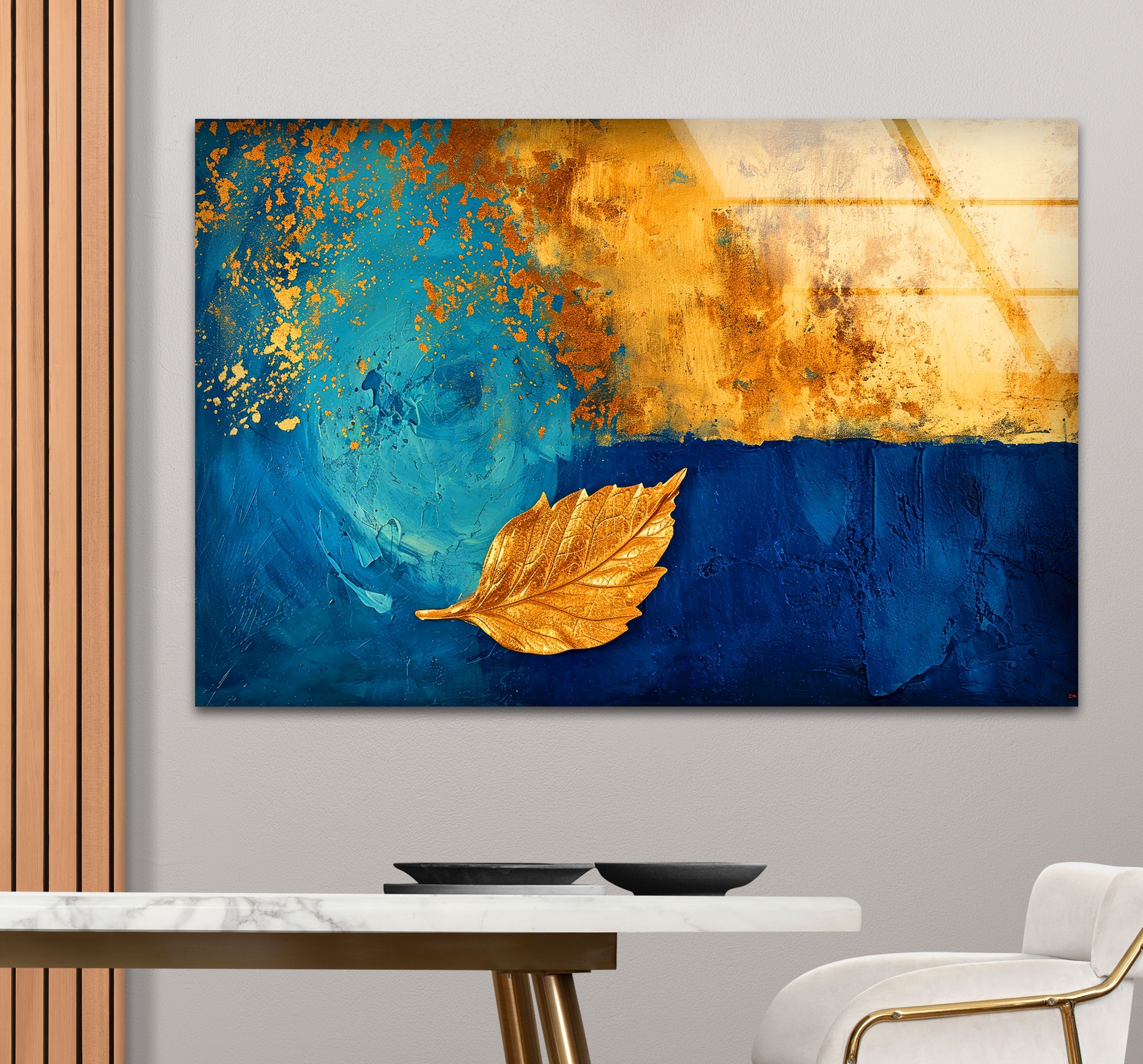Elegant Blue Background with Gold Leaves Glass Wall Art - Modern Home Decor for Living Room, Bedroom & Office