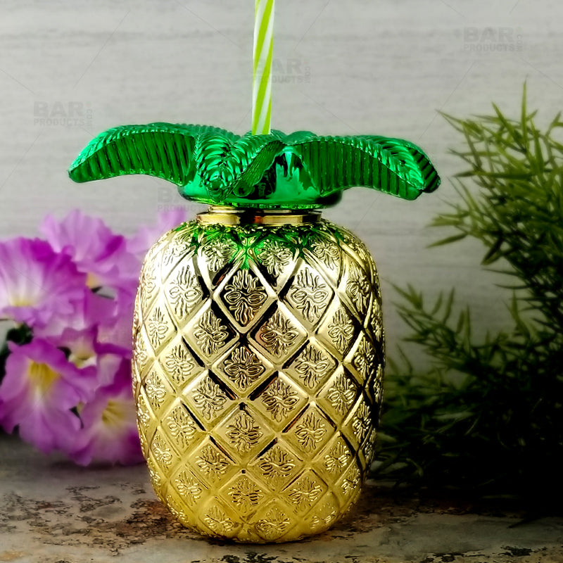BarConic® 24oz Gold Pineapple Cup with Lid and Straw - Tropical Drinkware for Pool Parties, Summer Cocktails & Beach Vacations