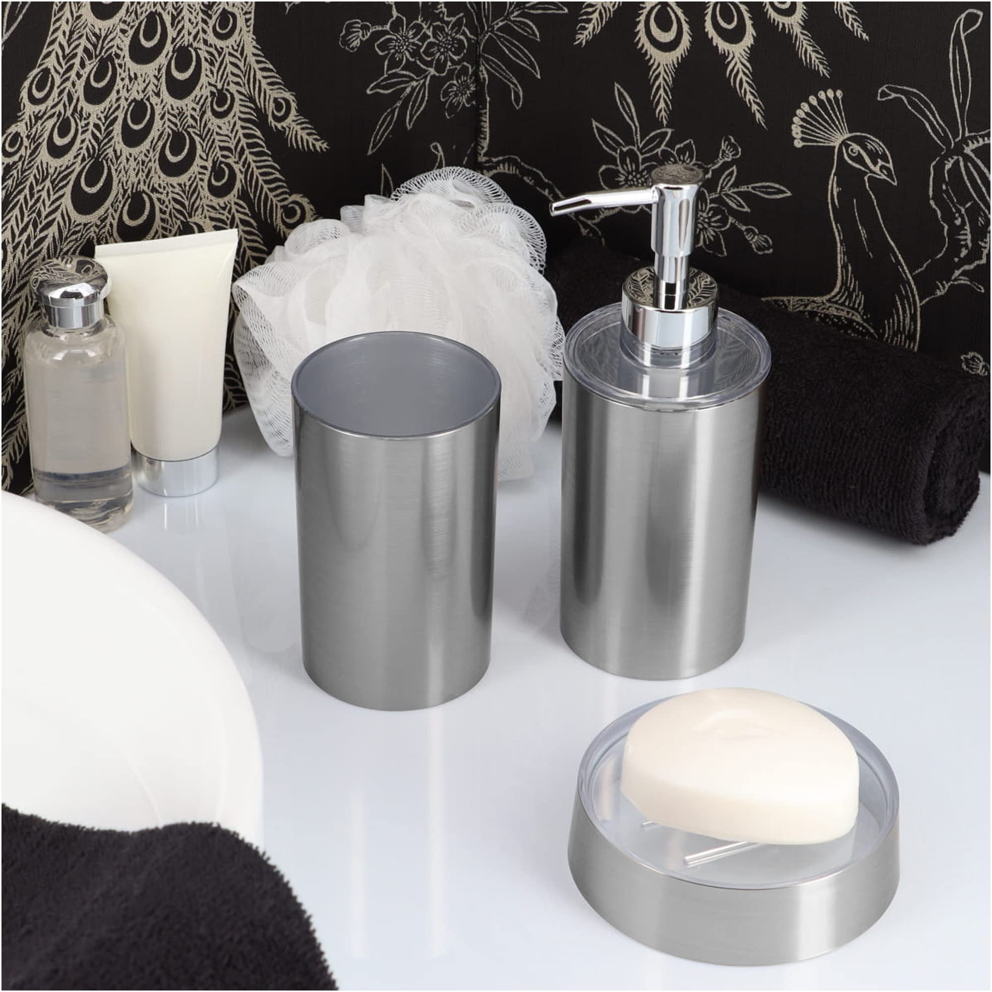 Brushed Aluminum Bathroom Tumbler Cup Holder & Toothbrush Organizer - NOUMEA - Perfect for Bathroom Countertop, Vanity, and Shower Storage Organization
