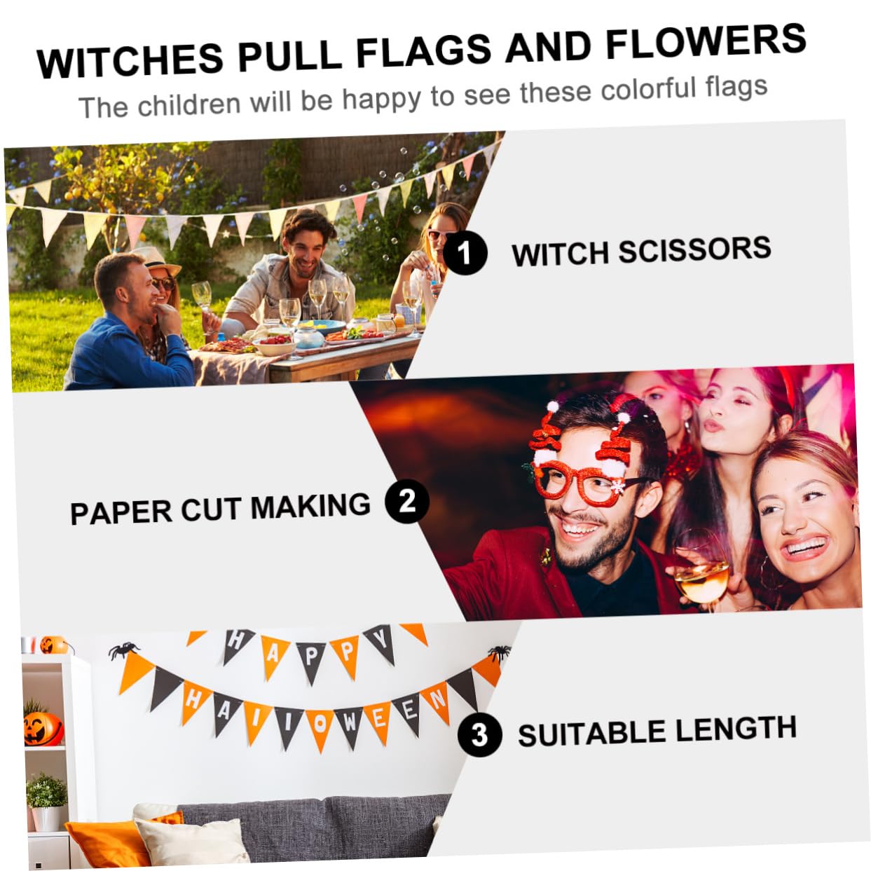 VICASKY 4-Piece Witch Pulls Flags with Flowers - Halloween Party Decorations, Hanging Bunting Banner for Witch-Themed Parties, Home & Outdoor Halloween Decor