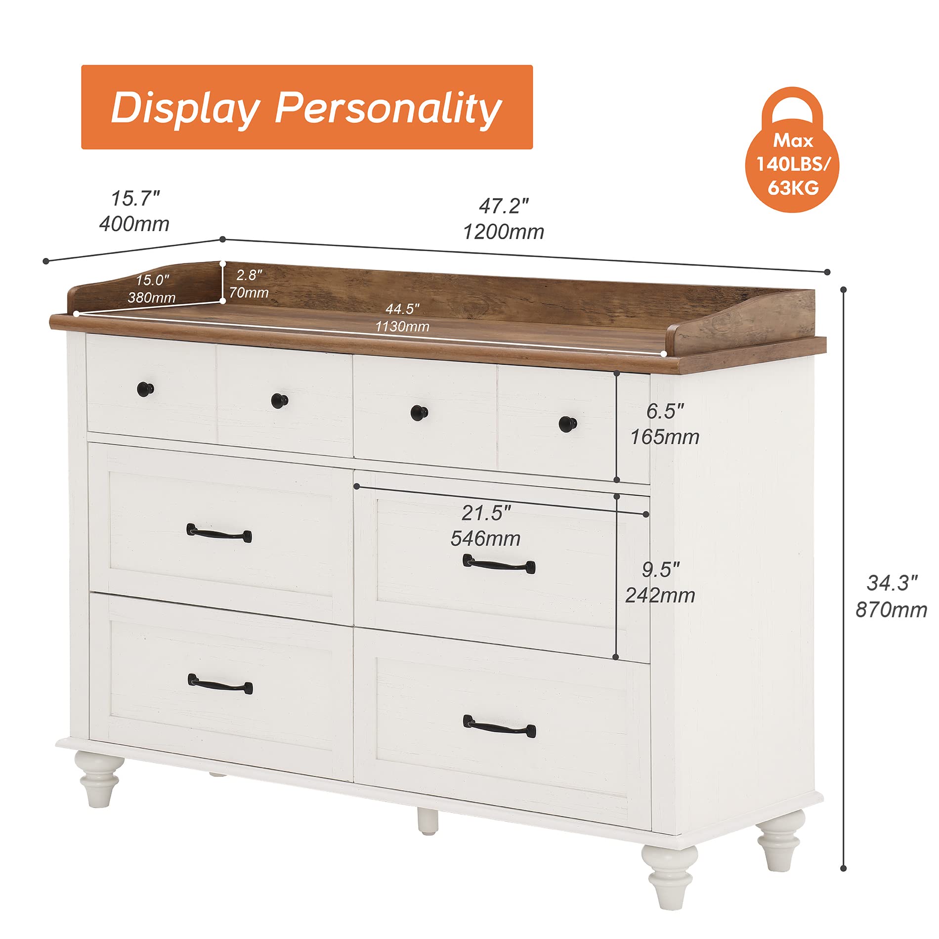 FITUEYES 6-Drawer White Dresser for Bedroom - Mid Century Modern Wooden Chest of Drawers for Kids, Nursery, Living Room & Hallway - Spacious Storage Organizer for Clothes, Toys & Home Essentials