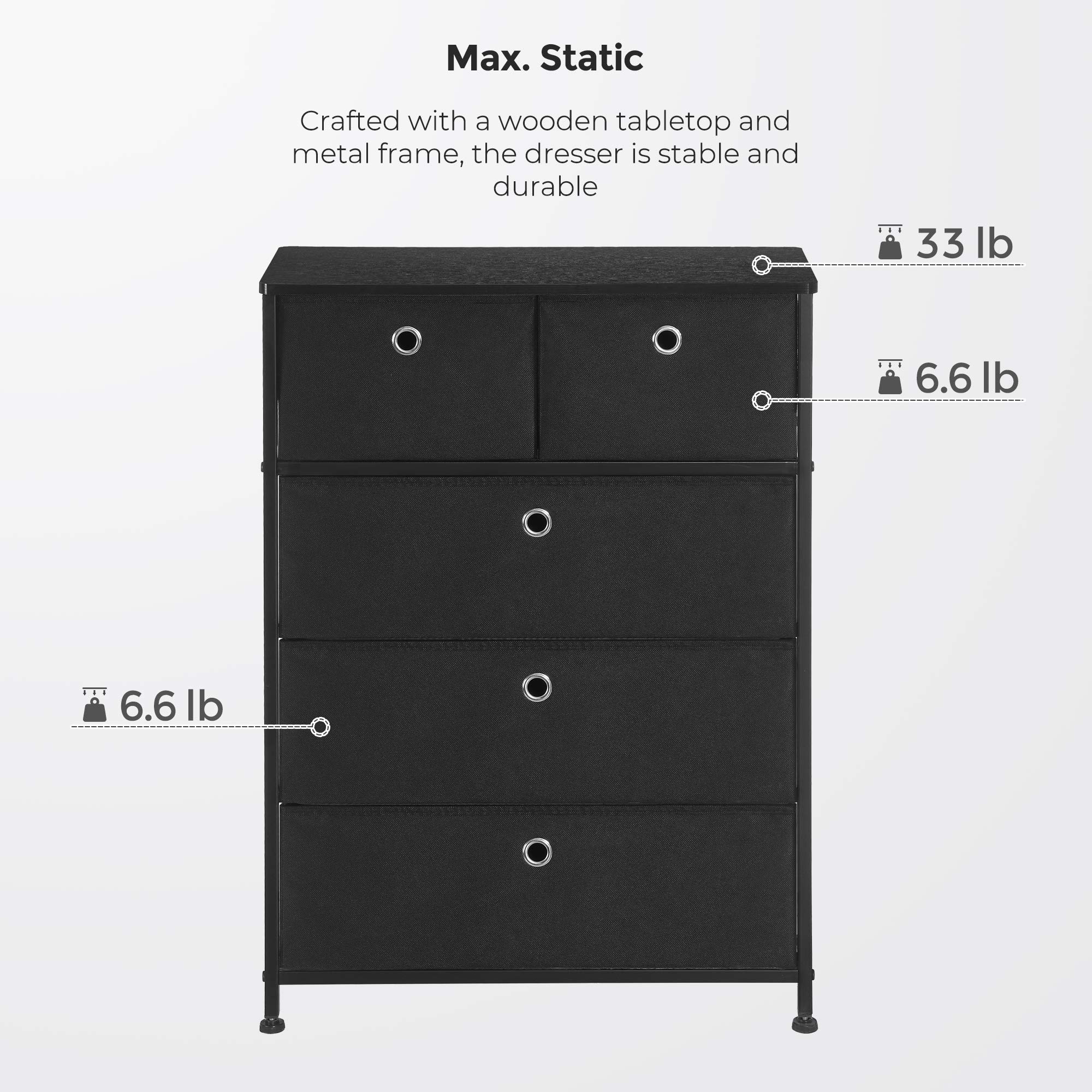 SONGMICS 5-Drawer Fabric Storage Chest Dresser for Closet, Apartment, Dorm & Nursery - 23.6 x 11.8 x 32.9 Inches, Black - Perfect for Organizing Clothes, Toys & Home Essentials