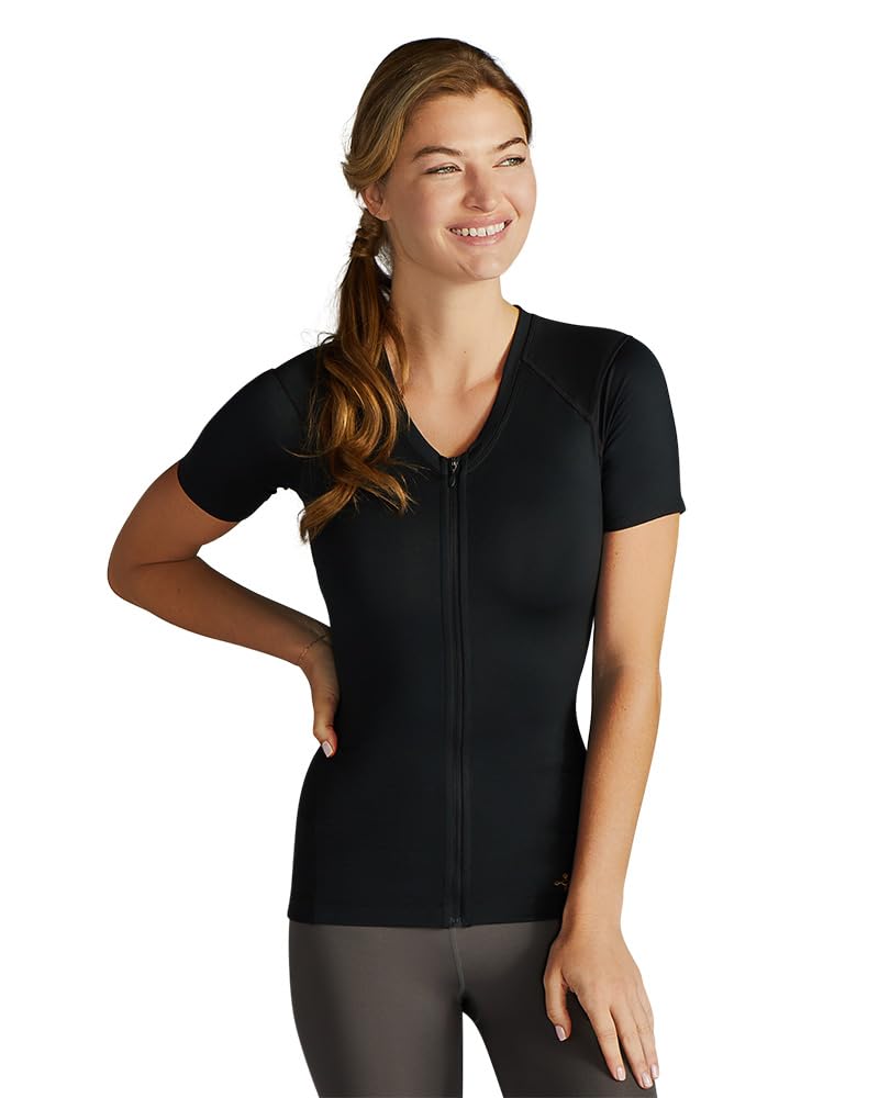 Tommie Copper Women's Short Sleeve V-Neck Compression Shirt with Front Zipper – Posture Corrector for Back & Shoulder Support – Ideal for Yoga, Workouts & Pain Relief