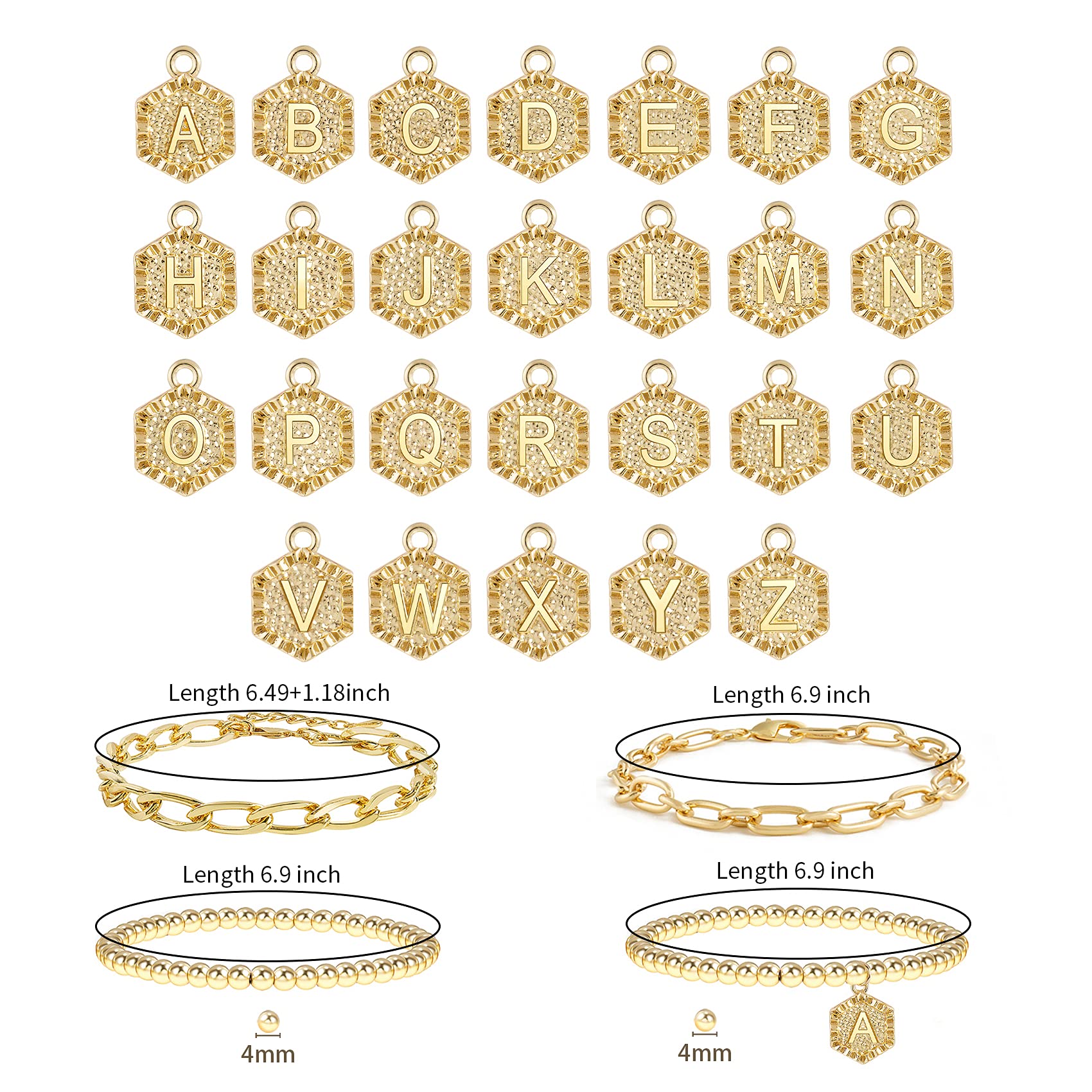 Gold Plated Initial Bracelets for Women - Stackable Bead & Chain Bangle Set, Layered Cute Bracelet Jewelry Gift for Birthday, Anniversary, Party & Everyday Wear