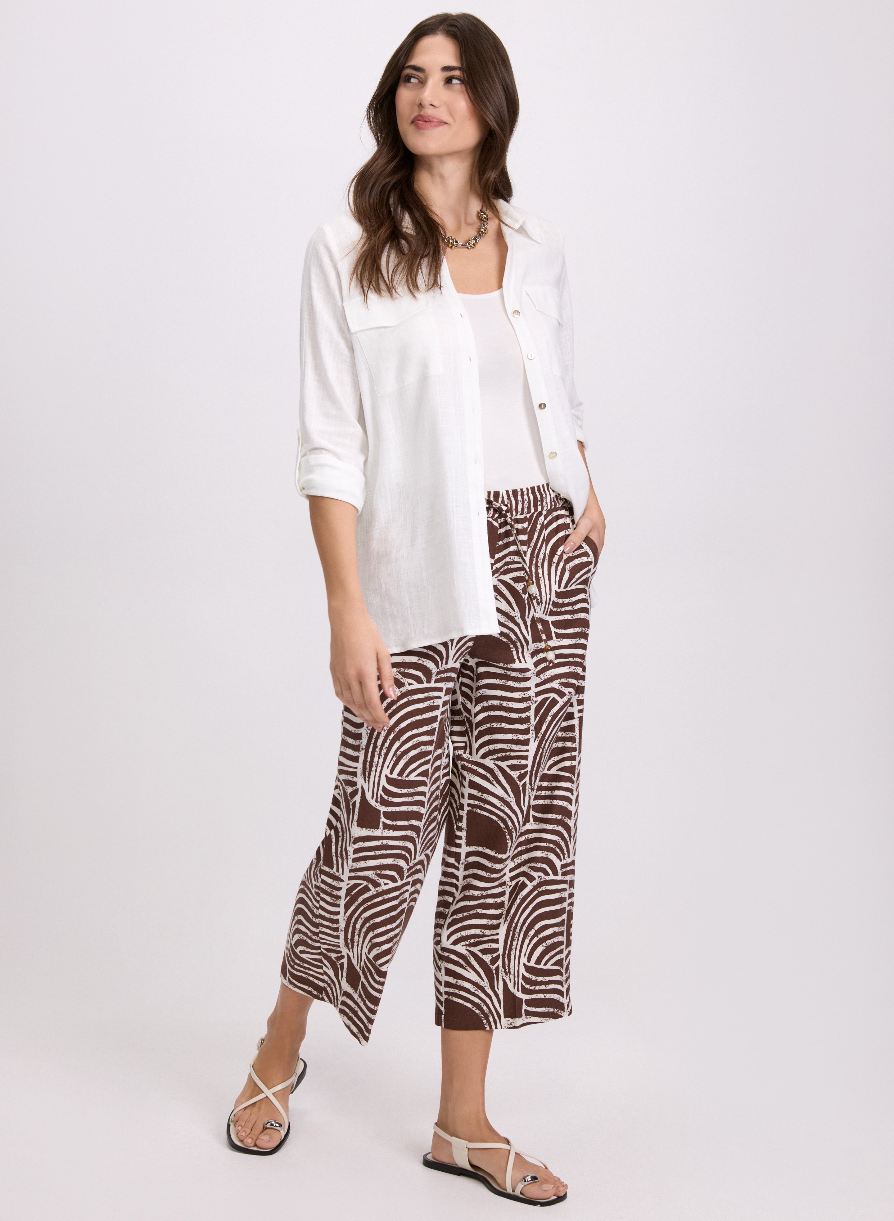 Abstract Linen Blend Capris Women's Casual Pants - Comfortable Summer Stretch Trousers for Travel, Yoga & Beach Wear