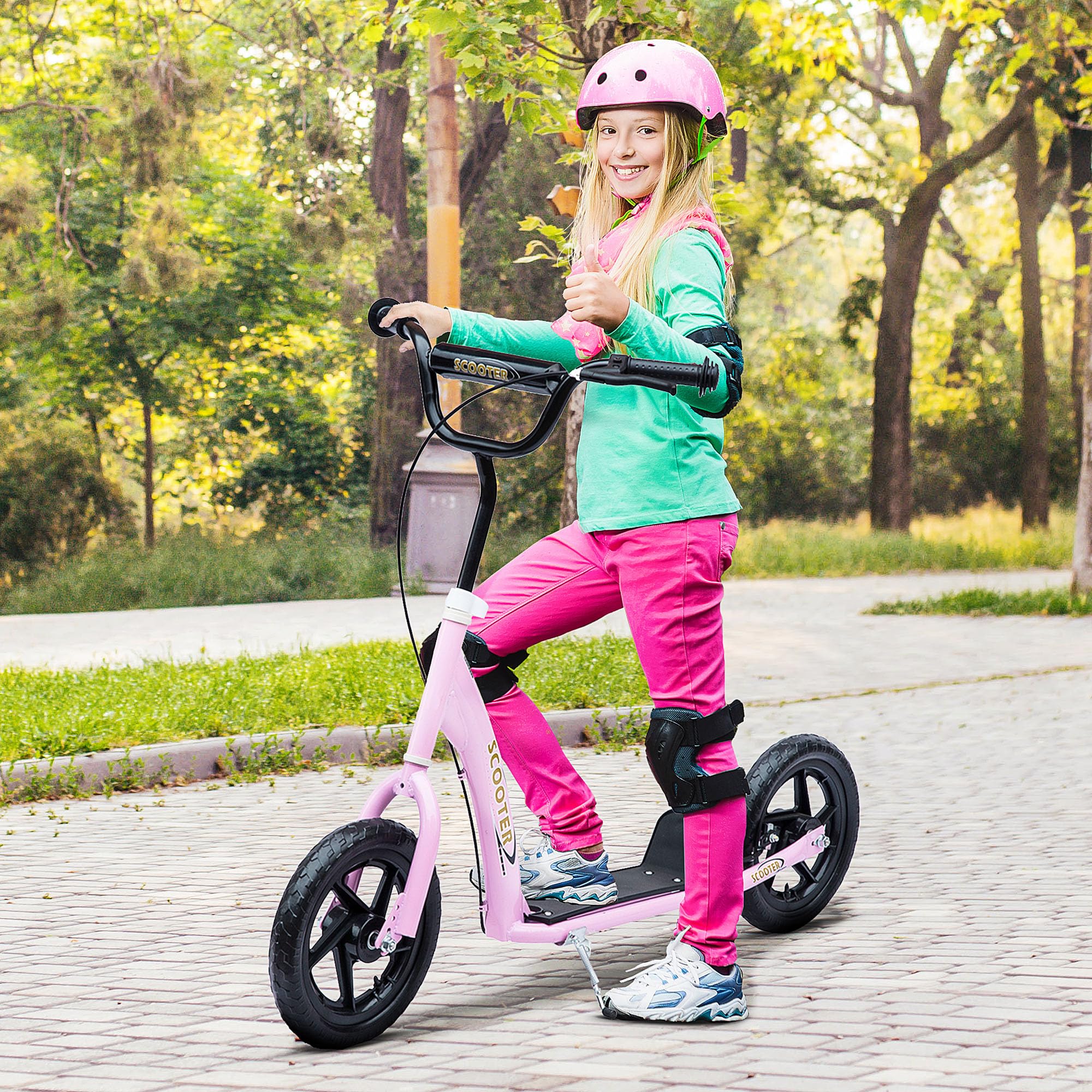 HOMCOM Kids Scooter for Ages 5-12 Years - 12 Inch Big Wheels, Adjustable Handlebar & Rear Brake, Max Load 50kg (120x52x80-88cm) - Pink - Perfect for Outdoor Play, Park Rides & Commuting to School