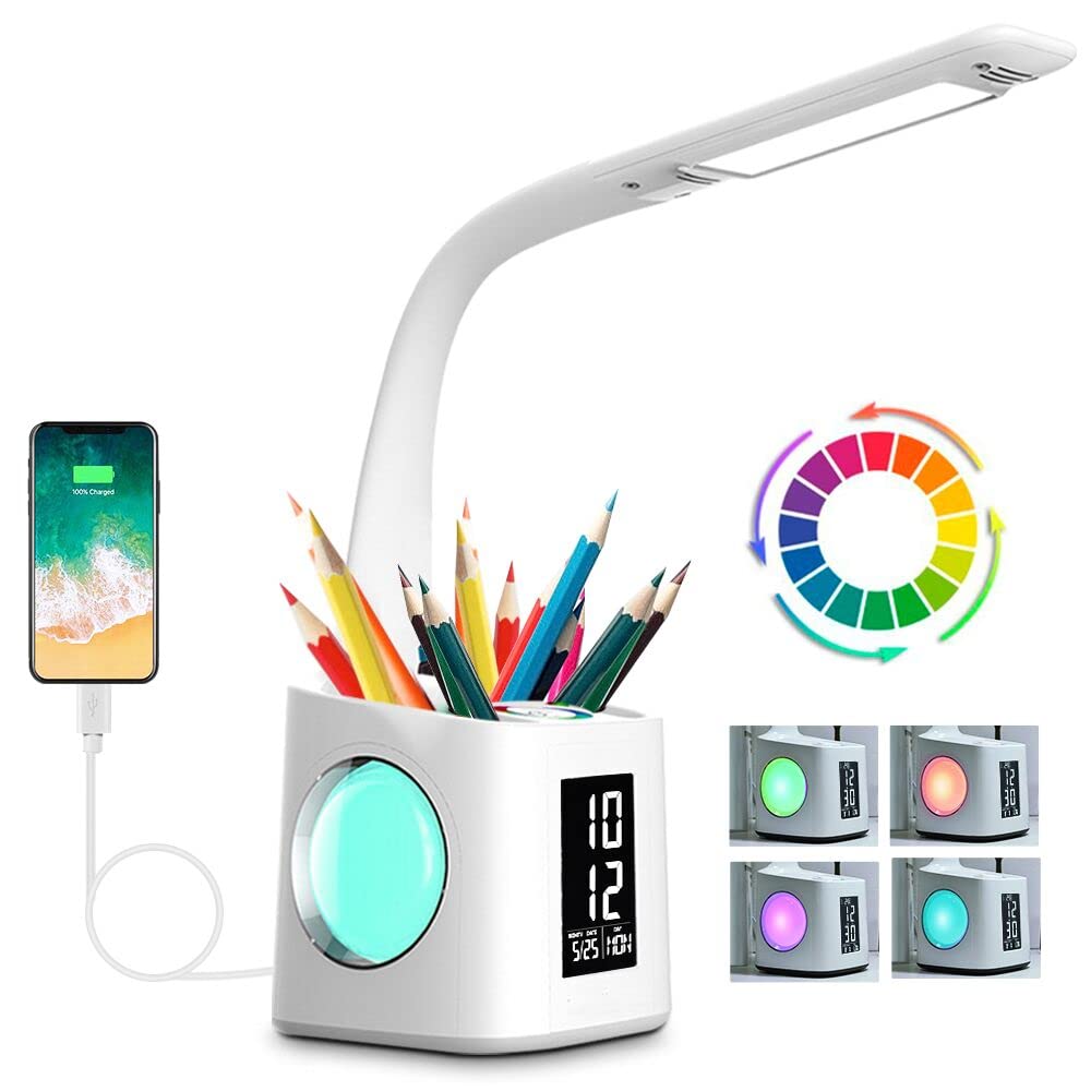 Wanjiaone LED Study Desk Lamp with USB Charging Port, Digital Clock, Calendar & Color Night Light - Adjustable Brightness Reading Light for Kids & Students, 10W - Perfect for Homework, Office Work & Bedtime Reading
