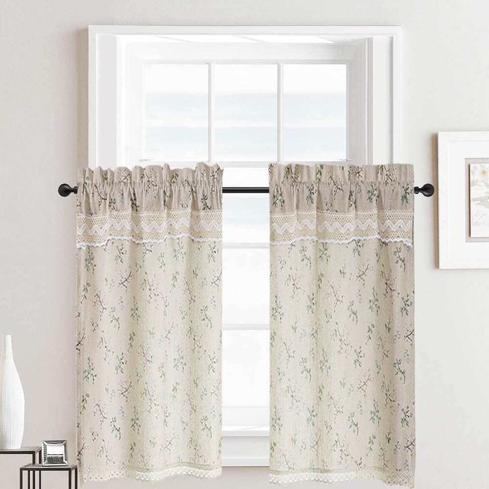 Farmhouse Kitchen Curtains Set - 2 Pcs Short Half Window Drapes with Floral Vine Print, Linen Cafe Curtain Tiers & Lace Trim (30x36 Inches) for Living Room Privacy & Style | Perfect for Country Homes, Coffee Shops & Cozy Spaces