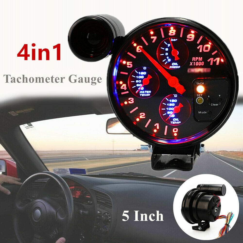 5 Inch 4-in-1 Tachometer Gauge for Cars - Water Temp, Oil Temp & Oil Pressure Monitor with Seat - Perfect for Performance Vehicles, Classic Cars & Racing Applications
