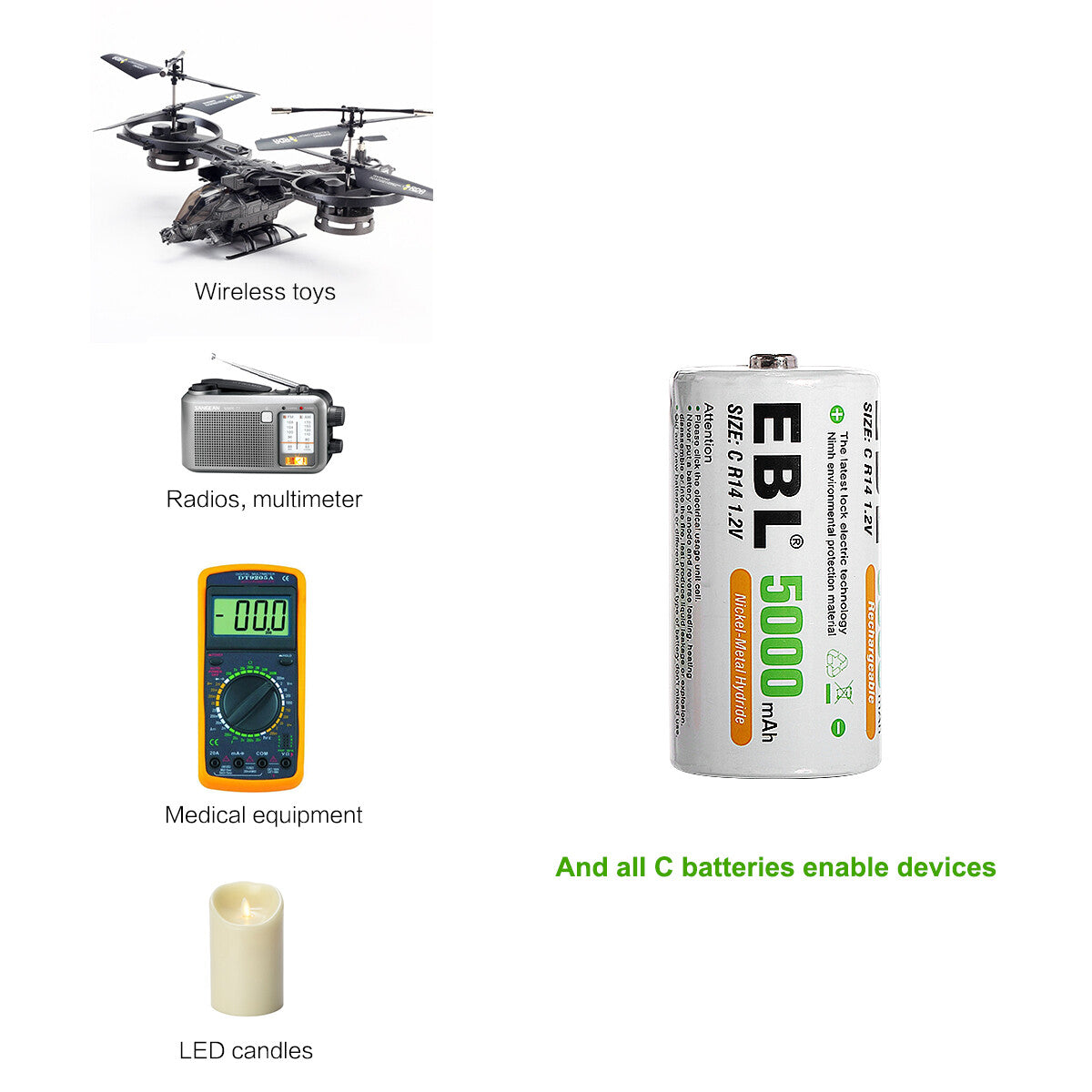 EBL 5000mAh Rechargeable C Batteries - 4 Pack with USB Charger | Long Lasting Power for Flashlights, Toys, Radios & Emergency Devices