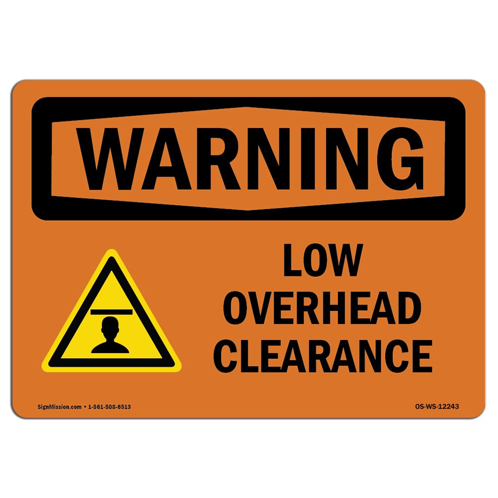 OSHA Warning Sign - Low Overhead Clearance with Symbol | Durable Vinyl Safety Label Decal | Workplace Hazard Protection for Construction Sites, Warehouses & Shops | Made in USA | Ideal for Doorways, Ceiling Beams & Equipment Areas
