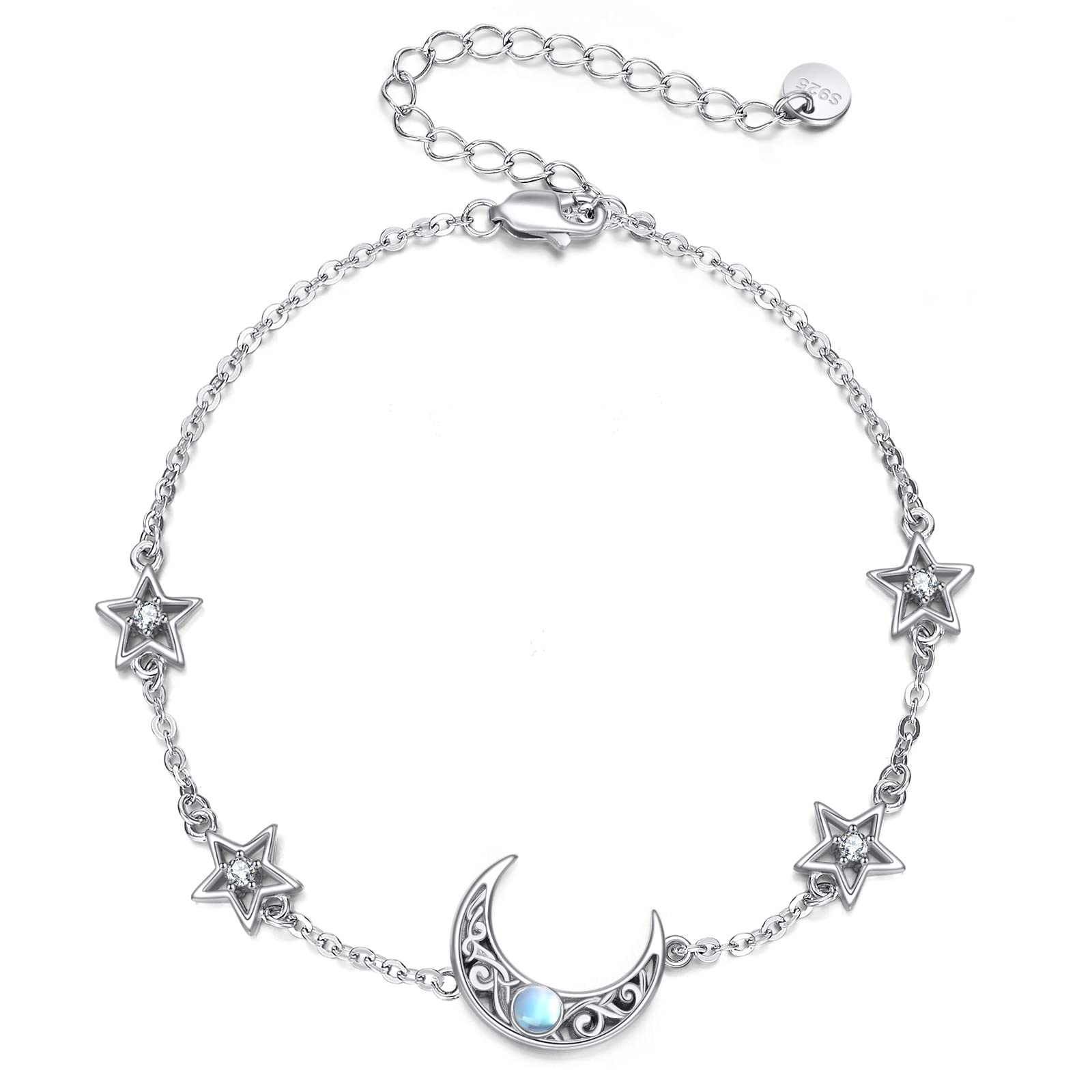 CRMAD Moonstone Sterling Silver Anklet for Women - Moon, Star, Daisy, Turquoise & Rose Flower Charms - Irish Jewelry for Beach, Yoga & Boho Fashion