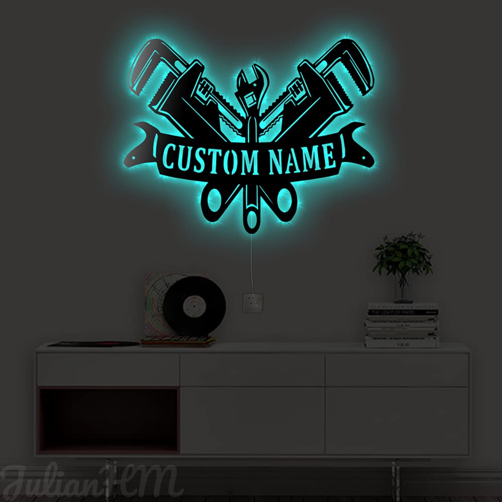 Custom LED Monogram Plumber Metal Sign - Personalized Plumber Gift for Men - 14x14 Inch Wall Art with Lights - Perfect for Workshop, Garage & Man Cave Decor