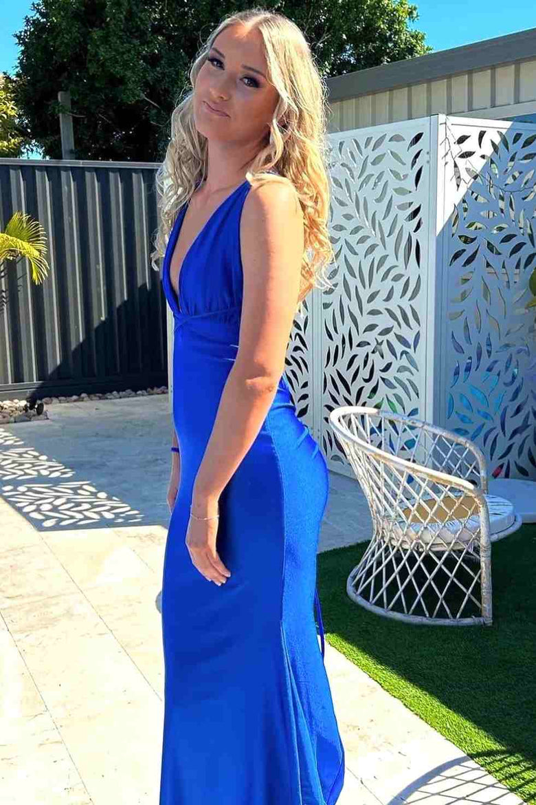Elegant Royal Blue Satin Evening Gown with Plunging V-Neck & Mermaid Hem - Perfect for Prom, Wedding Guest & Formal Events