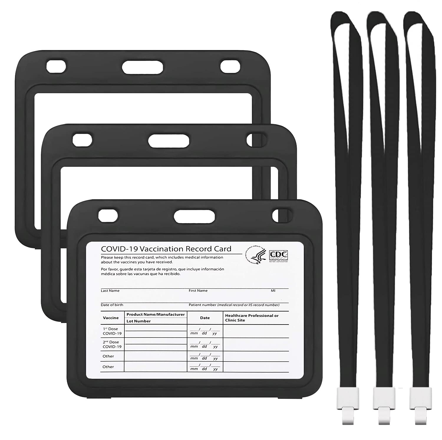 Plastic ID Badge Holder (3-Pack) - Business Card & Vaccine Card Protector with Lanyard for Work & Travel