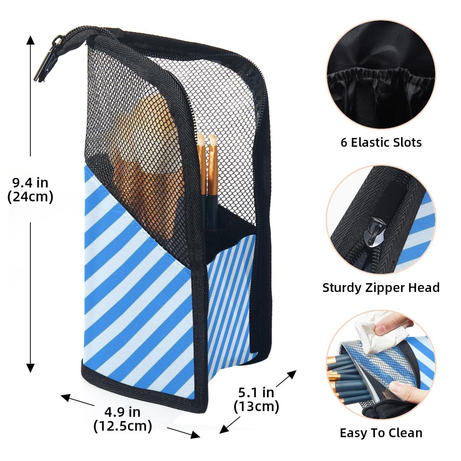 Premium Makeup Brush Organizer Bag with 12 Slots - Blue & White Stripe Travel Cosmetic Brush Holder Case - Perfect for Makeup Artists, Travel & Home Vanity Organization