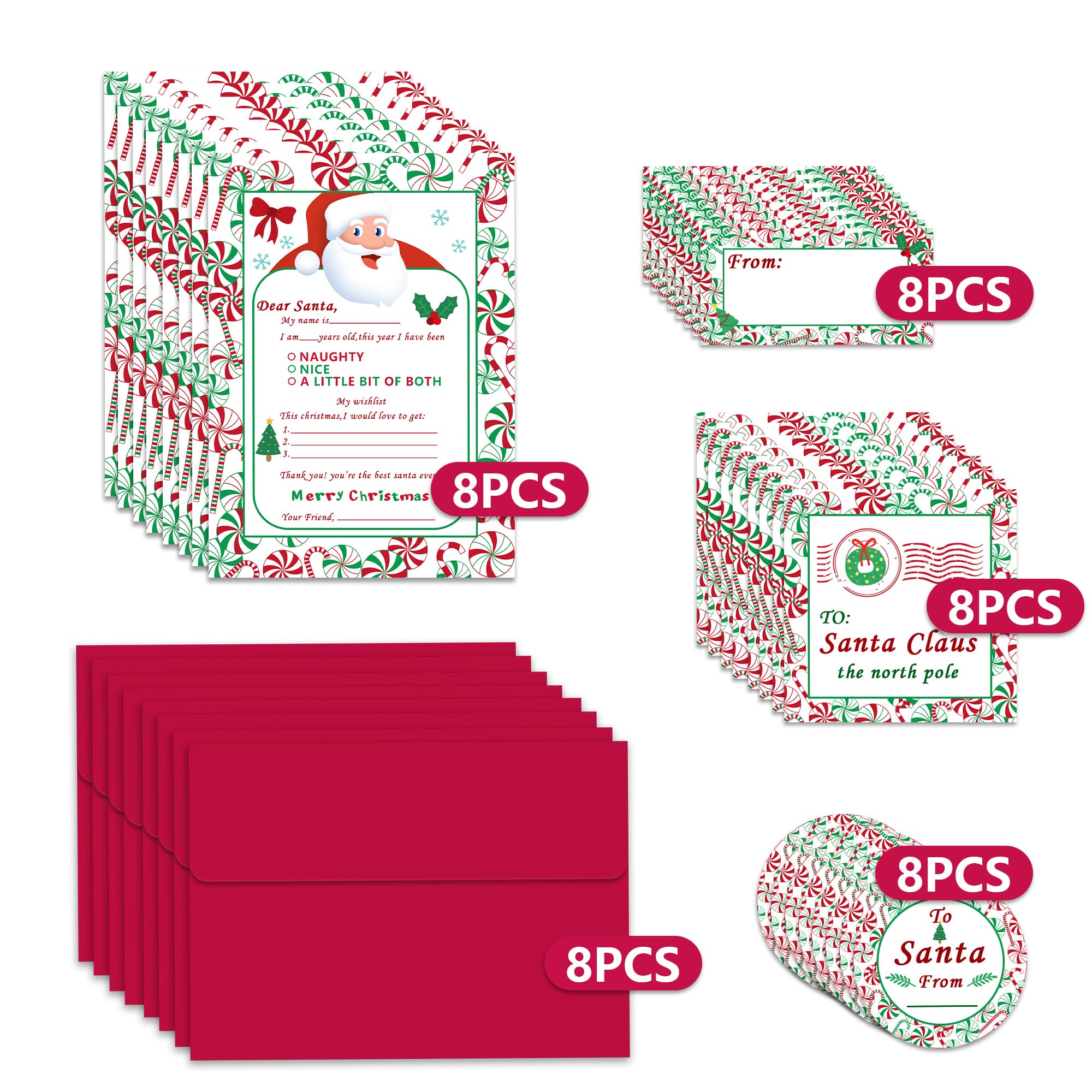 Watayo 40 PCS Official Letter to Santa Kit - 8 Christmas Fill-in-the-Blank Cards with Red Envelopes & Stickers - 5