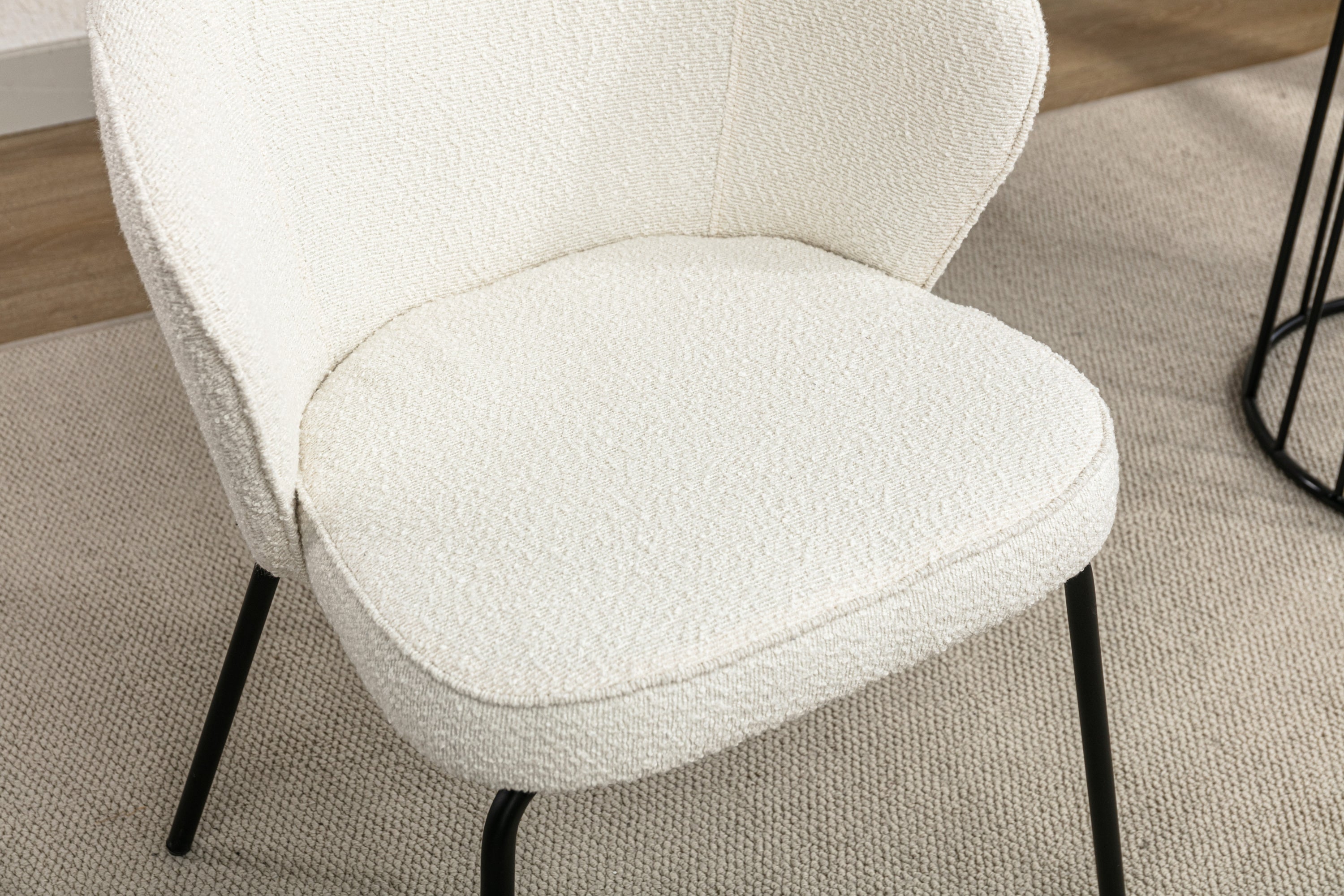 Set of 2 Modern Boucle Fabric Dining Chairs with Black Metal Legs in Ivory - Comfortable Upholstered Side Chairs for Kitchen, Dining Room, and Office Use