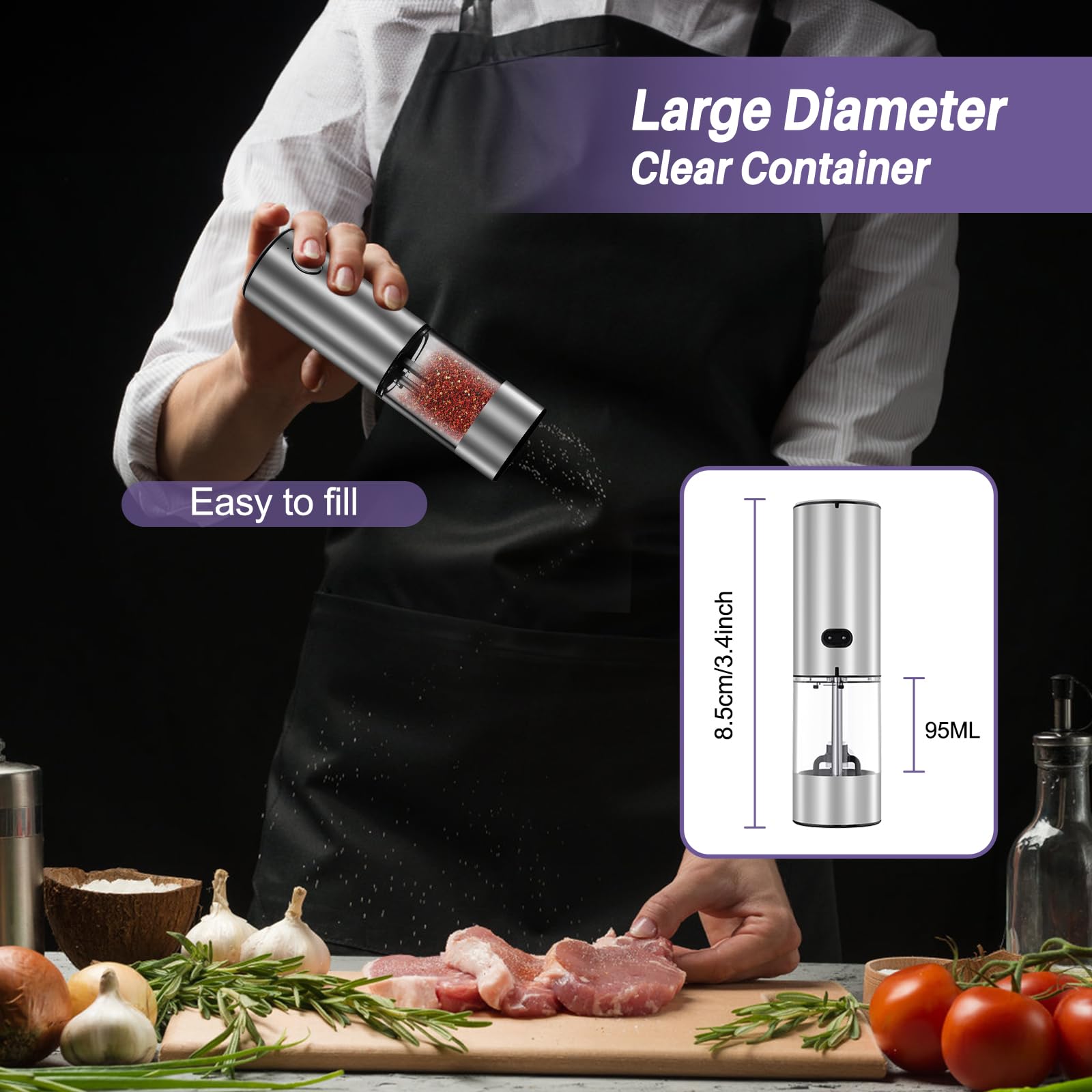 Premium Electric Salt and Pepper Grinder Set - Rechargeable Automatic Spice Mill with Adjustable Coarseness, LED Light & Charging Base - Perfect for Kitchen, Dining Table, Camping and Gifts (Black)