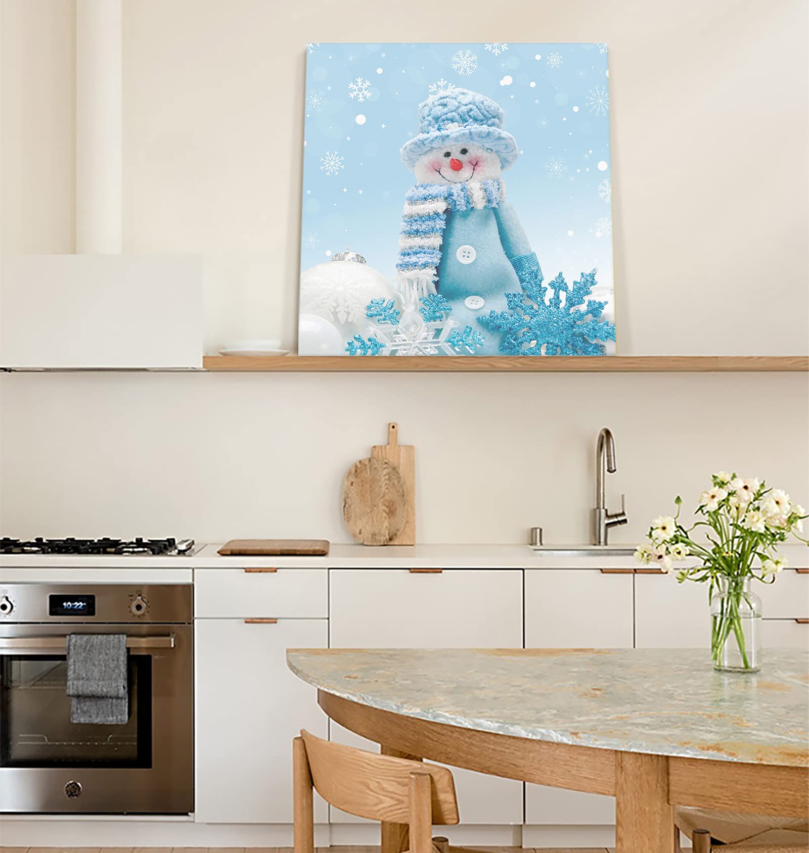 Christmas Canvas Wall Art - 24x24in Winter Snowman Doll Blue Framed Modern Painting for Living Room & Bedroom Decor | Perfect for Holiday Home Decoration & Gift Giving