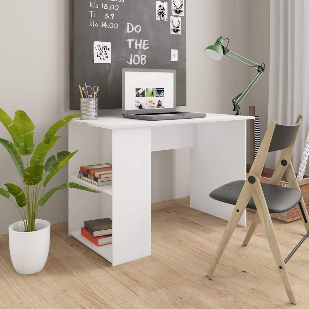 vidaXL White Modern Computer Desk with 2-Tier Storage Shelves - Home Office Desk with Bookshelf & Tower Shelf for Studying, Writing & Working | Perfect for Small Spaces & Remote Workstations