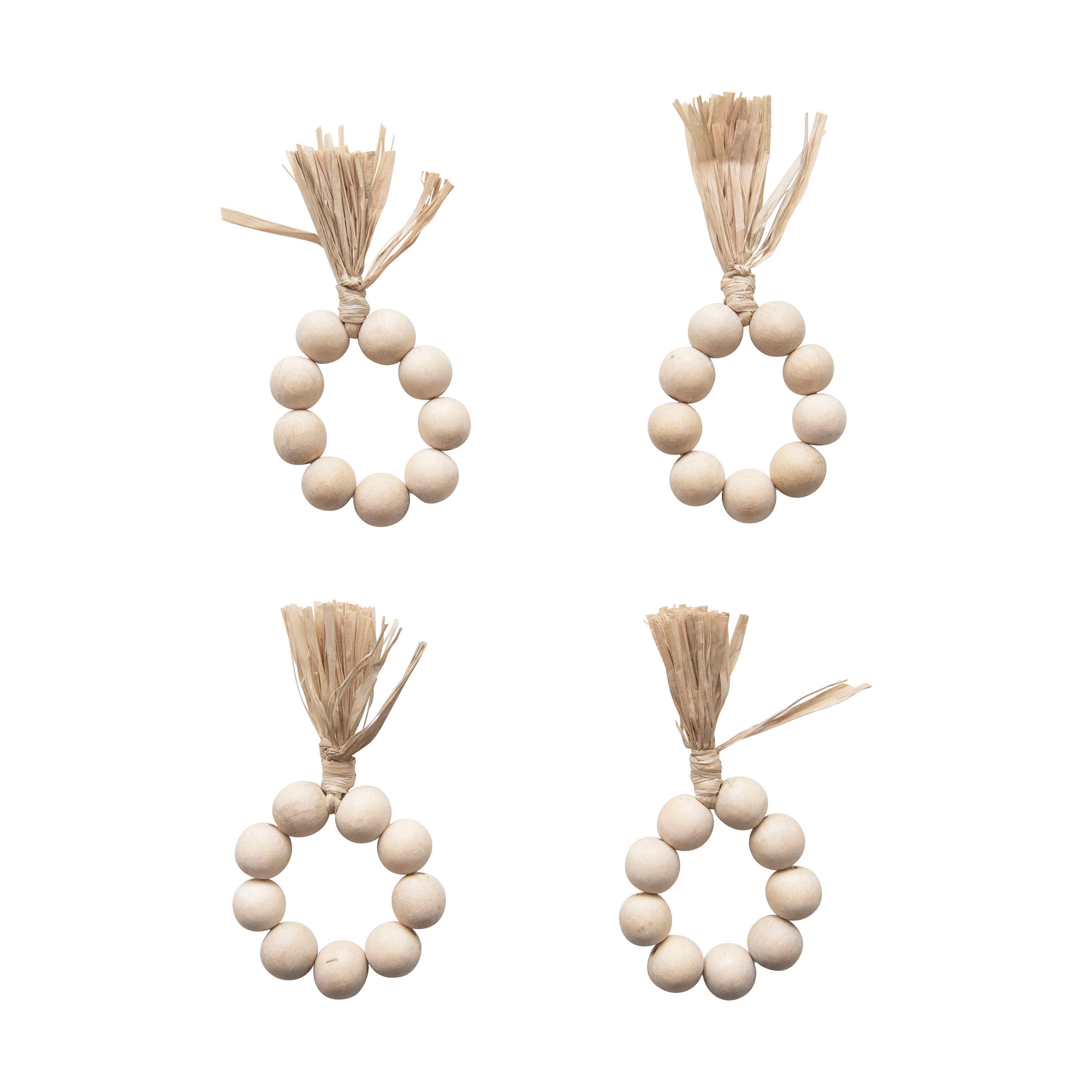 Handmade Wood Bead & Raffia Napkin Rings - Set of 4 (16 Pieces) - Perfect for Rustic Weddings, Farmhouse Tablescapes & Boho Dinner Parties