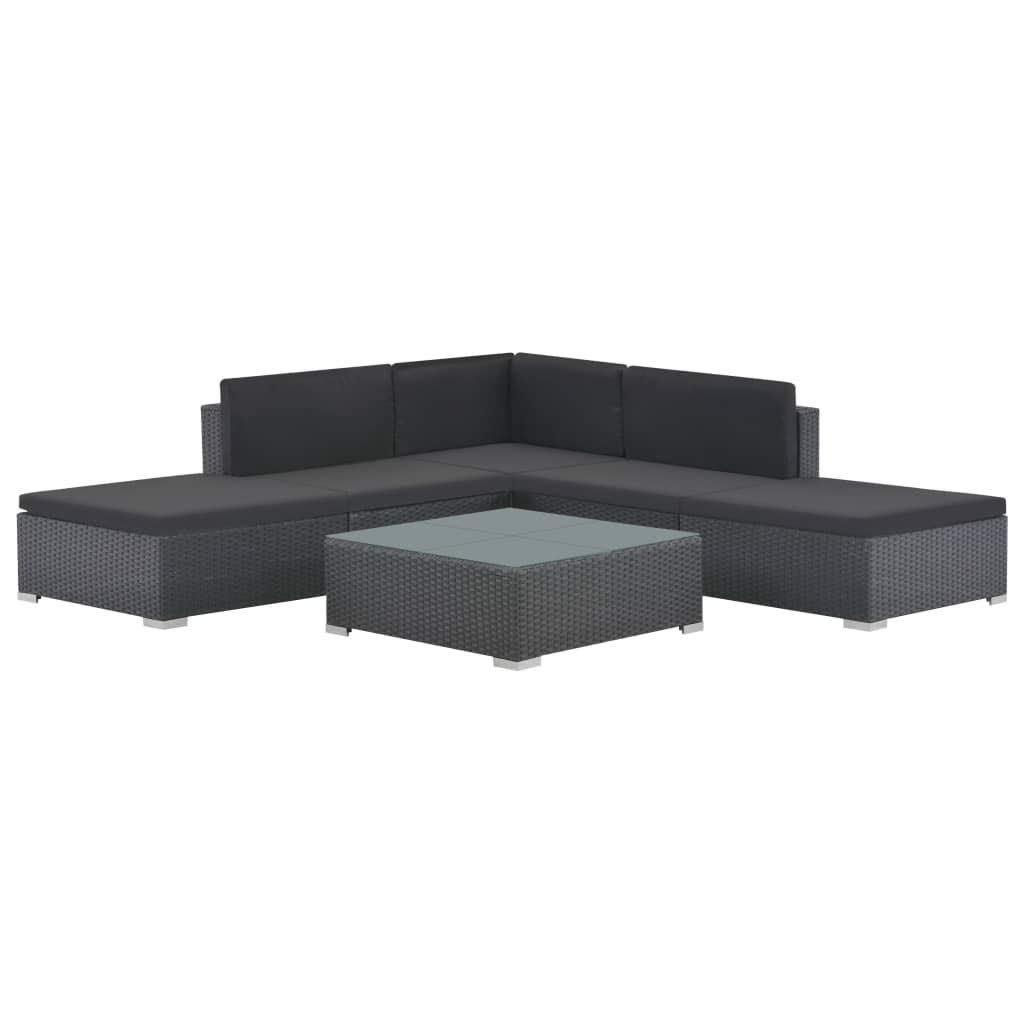 vidaXL 6-Piece Patio Sofa Set - Outdoor Sectional Couch with Cushions & Table, Black Poly Rattan Furniture for Backyard, Garden, Poolside or Deck Relaxation