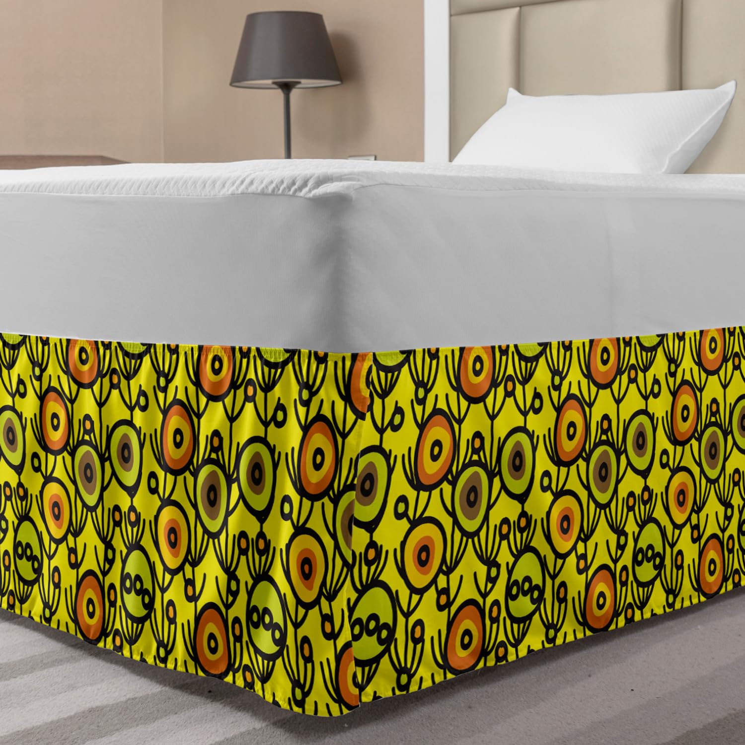 Ambesonne Ethnic Bed Skirt with Abstract Traditional Evil Eye Design | Elastic Dust Ruffle Wrap Around Bedskirt for Twin/Twin XL Beds | Yellow Multicolor Bedding Decor | Perfect for Bohemian & Ethnic Style Bedrooms