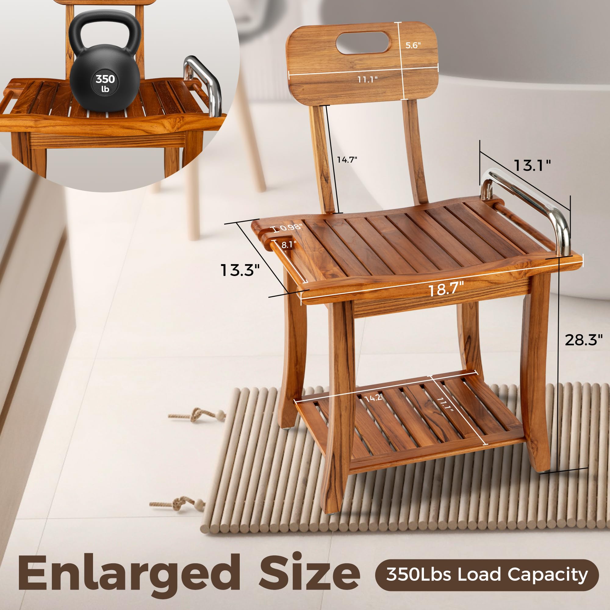 **Premium Teak Shower Bench with Backrest & Handles – 19