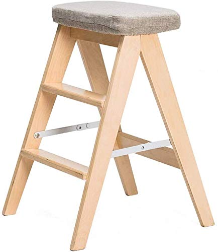 3-Step Foldable Wooden Stool with Gray Sponge Seat - Indoor Climbing Step Stool, Ladder Chair for Home, Kitchen, Bathroom & Garden Use