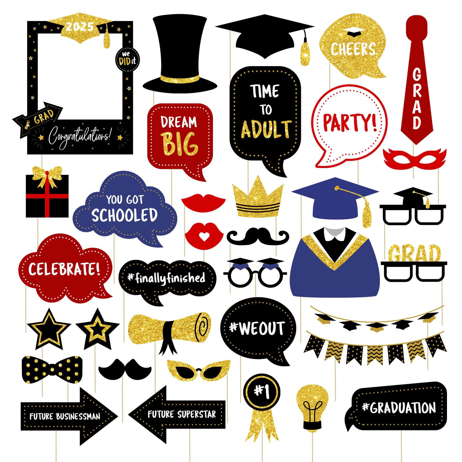 2025 Graduation Photo Booth Props & Decorations - Class of 2025 Glitter Party Supplies for College & High School Graduation - Perfect for Grad Parties, Photo Backdrops & Social Media Celebrations