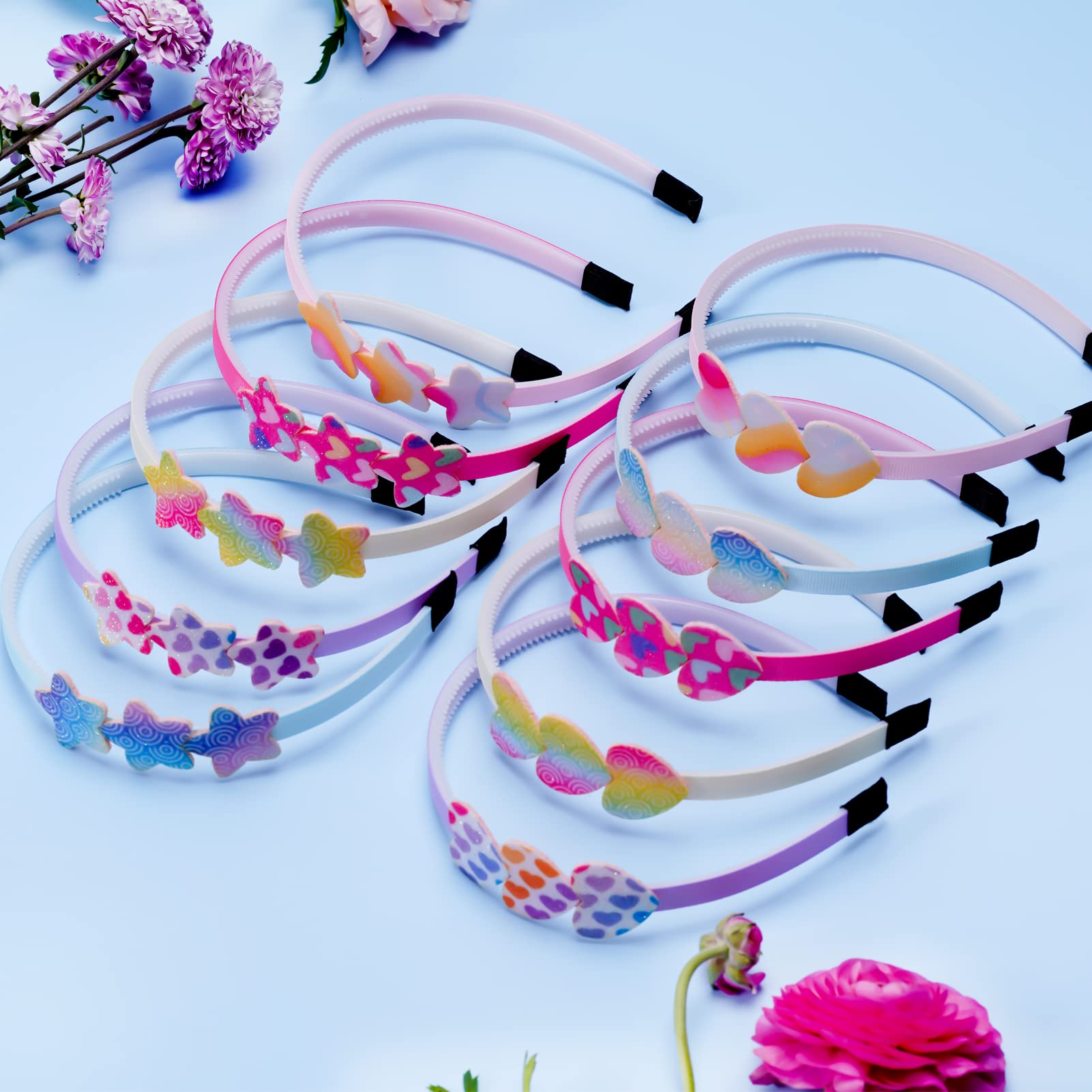 Sparkly Sequins Hair Bands for Girls - 10PCS Rainbow Glitter Headbands with Teeth, Cute Kids Bling Alice Bands (Star & Heart Designs) - Perfect for Birthday Parties, Dance Performances & Dress-Up Play