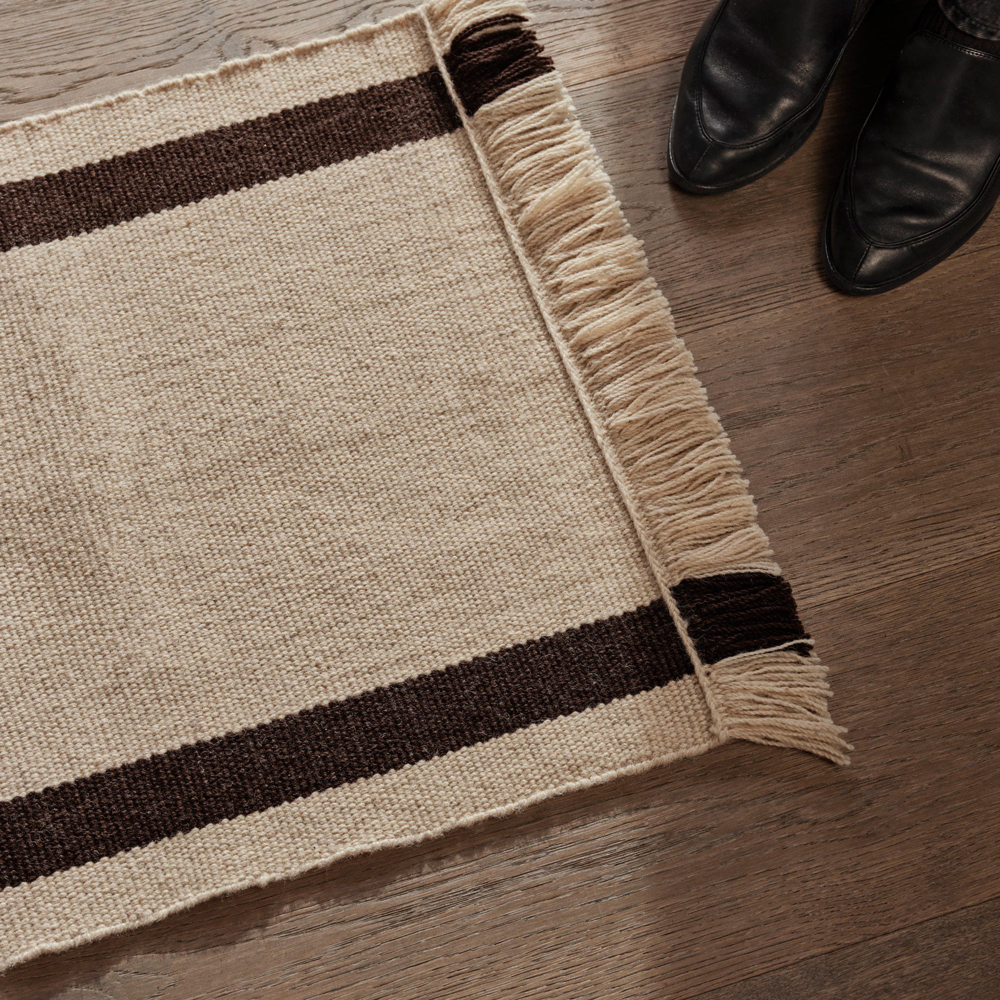 FERM LIVING Calm Kelim Mat - Off White & Coffee - 50x70cm Handwoven Rug - Boho Chic Home Decor for Living Room, Bedroom, or Nursery