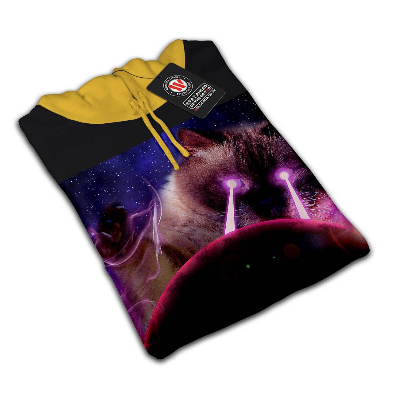 Wellcoda Space Cat Laser Eye Men's Contrast Hoodie - Funny Graphic Hooded Sweatshirt for Casual Wear, Street Style & Gifts