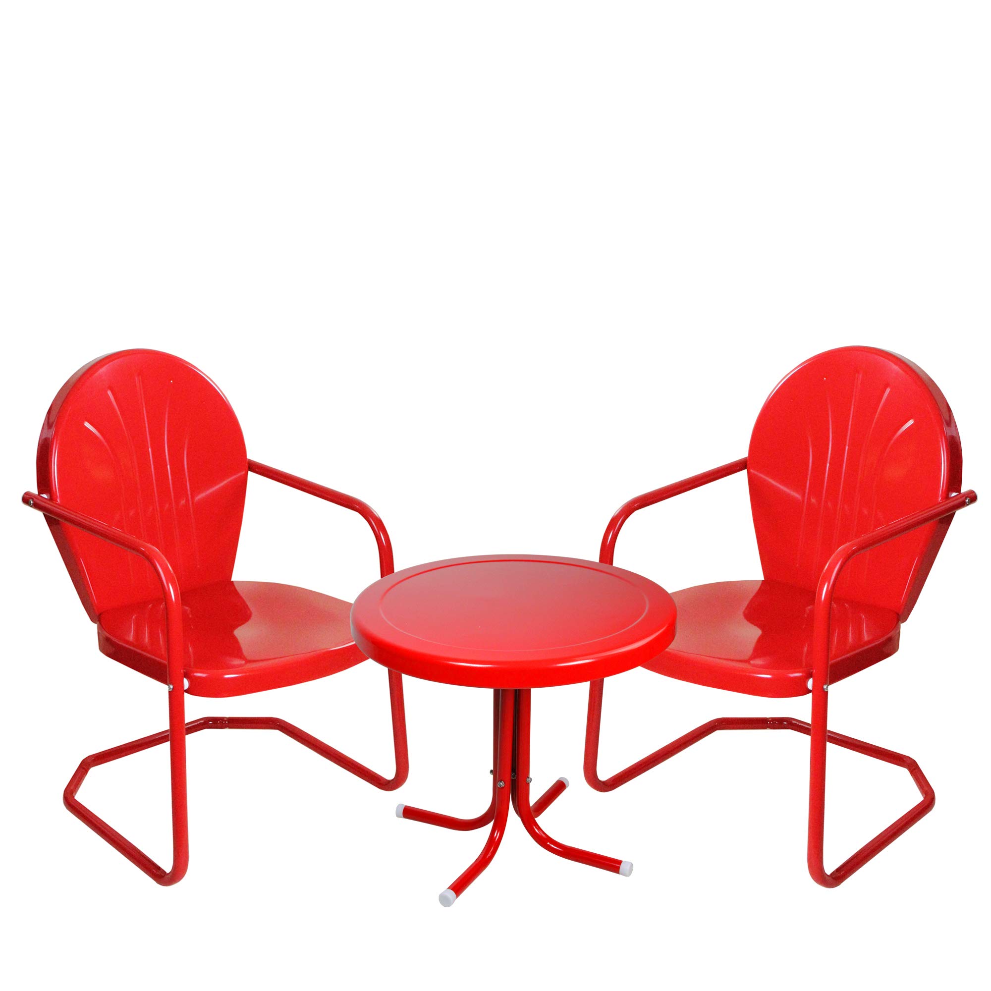 Vintage Red Metal Tulip Chairs and Side Table Outdoor Set - 3-Piece Retro Patio Furniture for Garden, Deck, Poolside & Backyard Relaxation