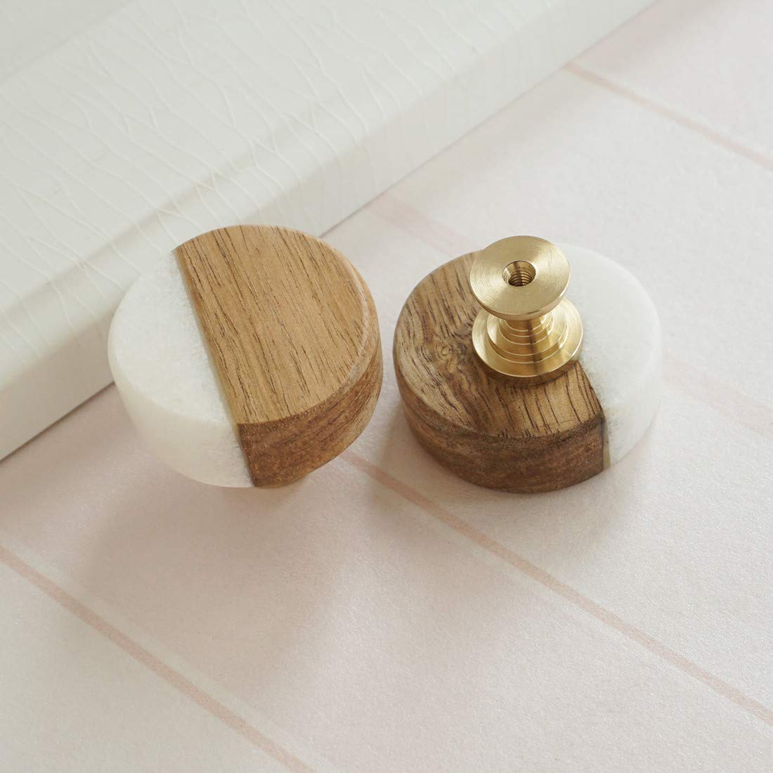 LBFEEL Unique Wood Drawer Knob - Modern White Stone Cabinet Pulls - Single Hole Dresser Handle Hardware (1 Piece) - Perfect for Kitchen Cabinets, Bathroom Vanities & Furniture Upgrades