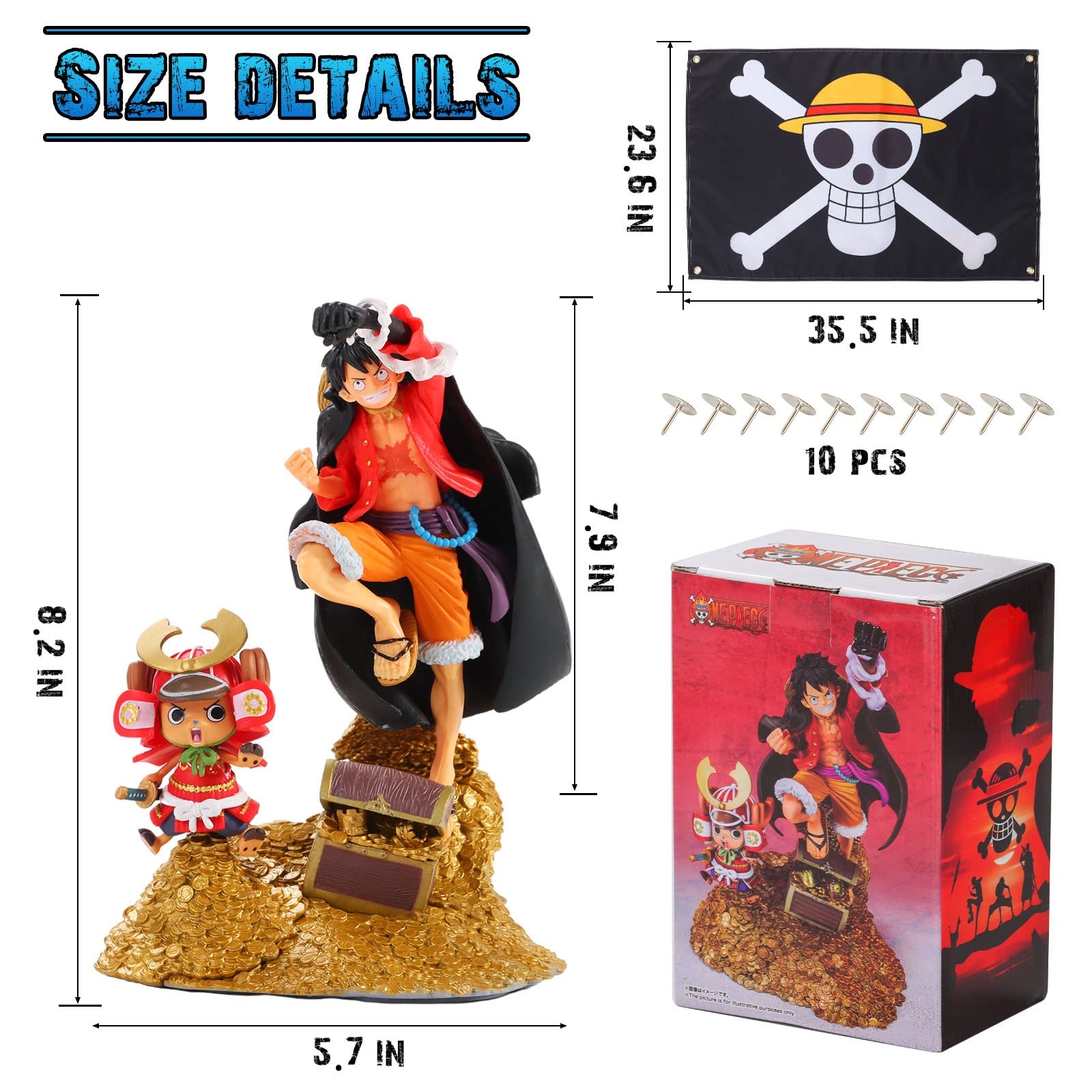 One Piece Luffy Action Figure Collectible Set with Pirate Flag - Perfect for Anime Fans, Display & Collection | Anime Room Decor, Gift for Anime Lovers