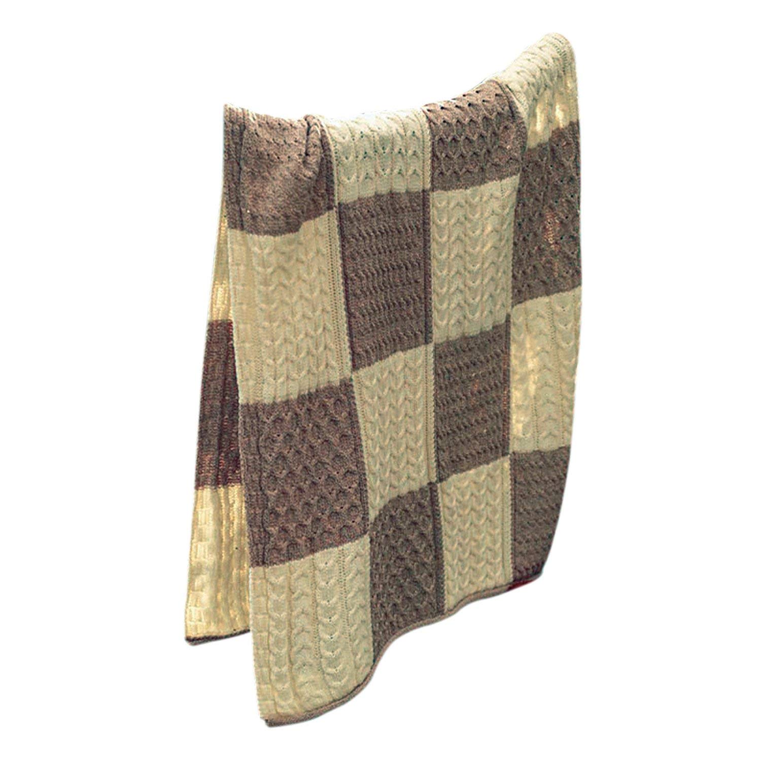 Premium Patchwork Intarsia Merino Wool Irish Blanket - Wicker/White - One Size - Cozy Home Decor & Luxury Throw for Sofa, Bed & Travel