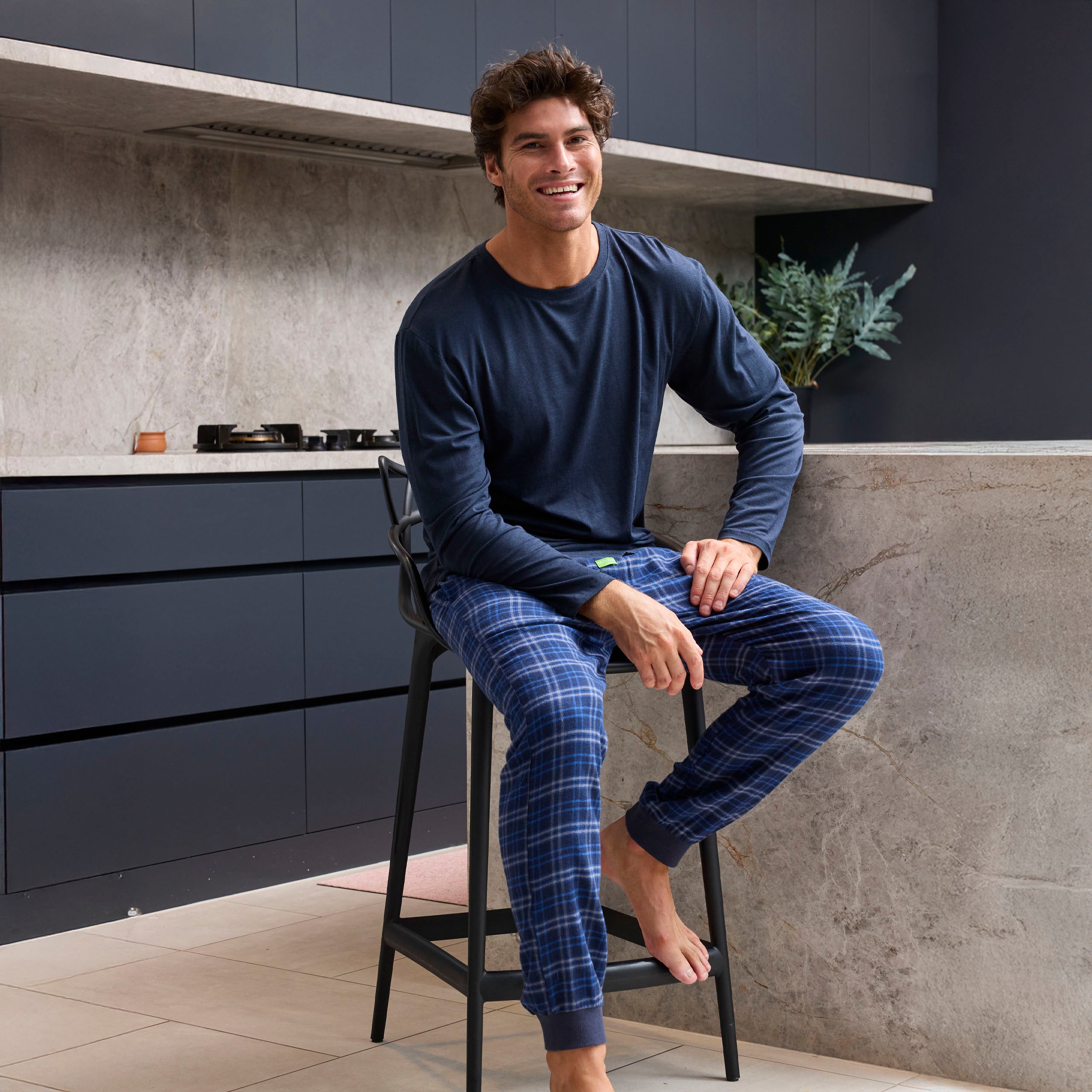 Men's Soft Bamboo Long Sleeve Sleep Tee - Breathable & Comfortable Pajama Top for Nightwear, Lounge Wear & Relaxation - Navy Blue