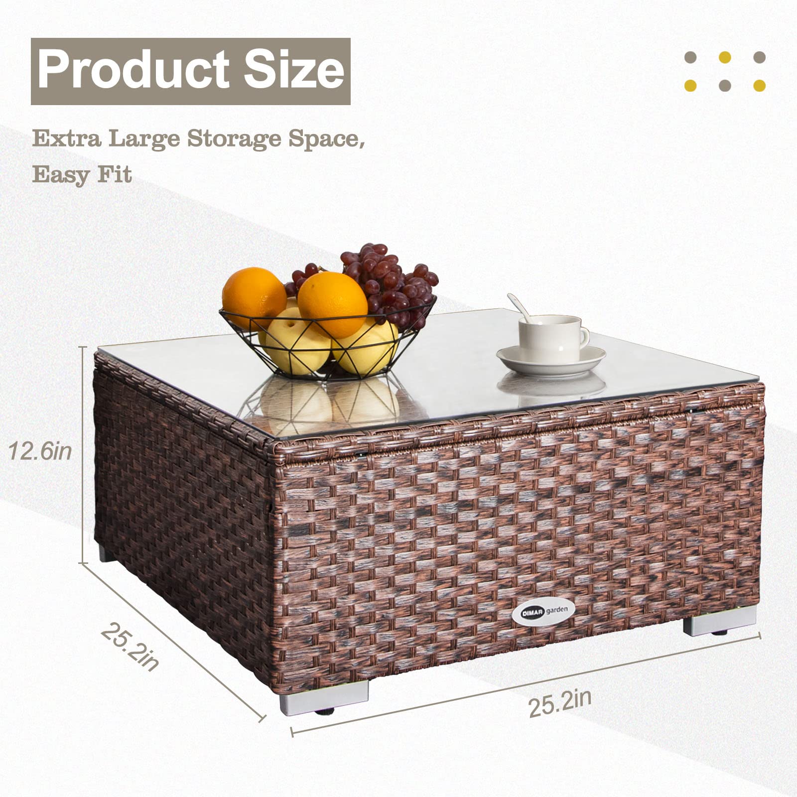 DIMAR GARDEN Outdoor Coffee Table - 25.2 Inch Wicker Patio Side Table with Tempered Glass Top, Weather-Resistant Mixed Brown - Perfect for Poolside, Garden, and Patio Furniture Sets
