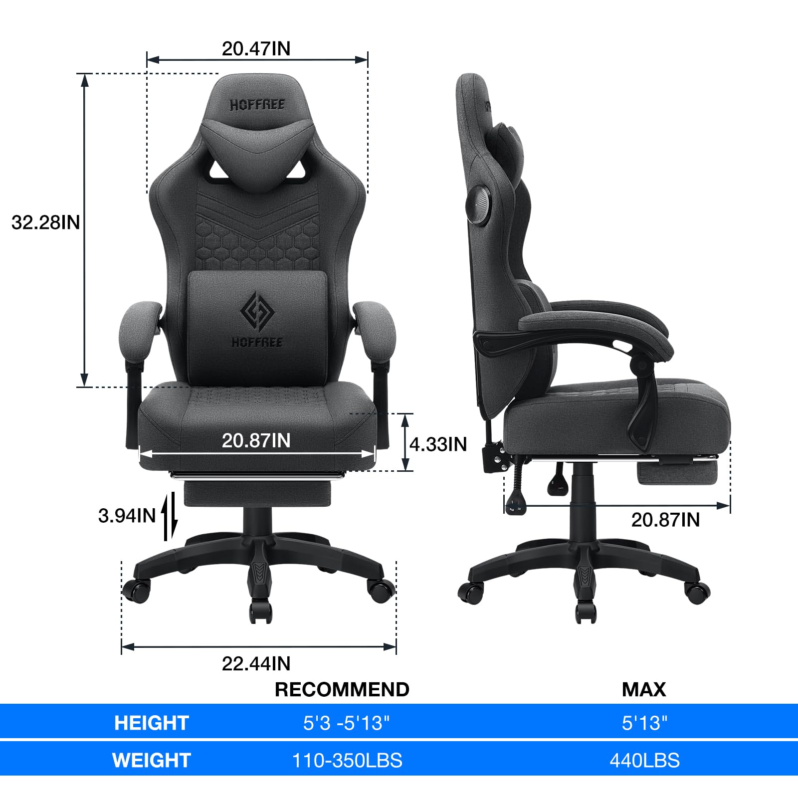**HOFFREE Ergonomic Gaming Chair with Pocket Spring Cushion & Massage - Reclining Computer Chair with Lumbar Support & Footrest - Breathable Fabric for Adults (Gray) - Perfect for PC Gaming, Office Work & Home Use**